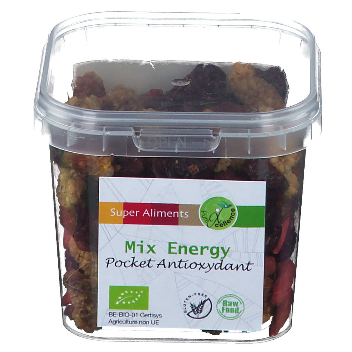 Récipient transparent de Super Aliments Mix Energy. Contient Goji, baies d'Inca, mûres et canneberges. Certification bio.