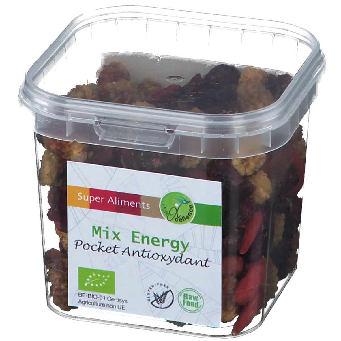 Récipient transparent de Super Aliments Mix Energy. Contient Goji, baies d'Inca, mûres et canneberges. Certification bio.