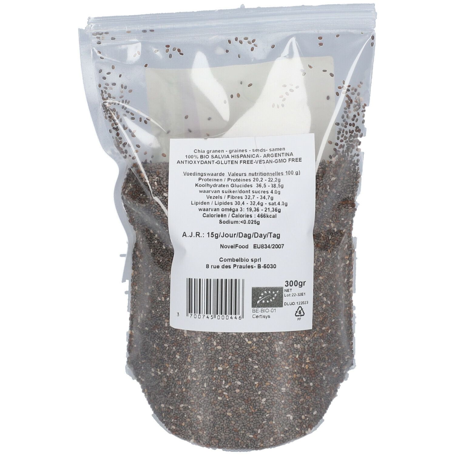 Busta trasparente con semi di chia. Informazioni nutrizionali ed etichetta biologica. 300g.