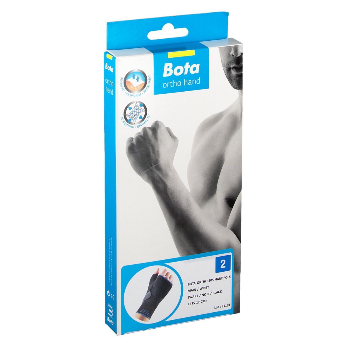 Verpakking van Bota Ortho handbrace. Zwart, maat 2. Productafbeelding en merklogo.