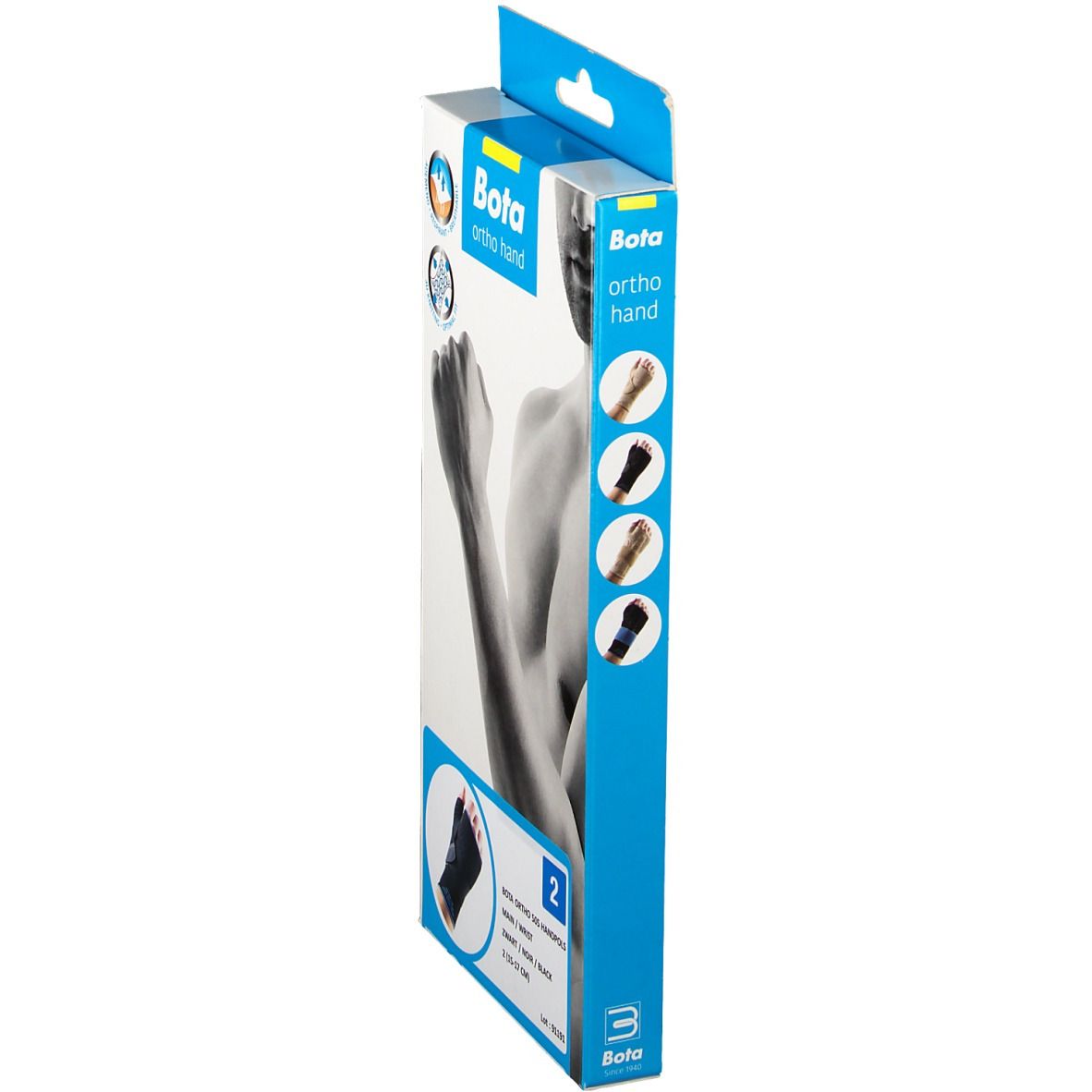 Zijaanzicht van de Bota Ortho handbrace verpakking. Productafbeelding en merklogo.