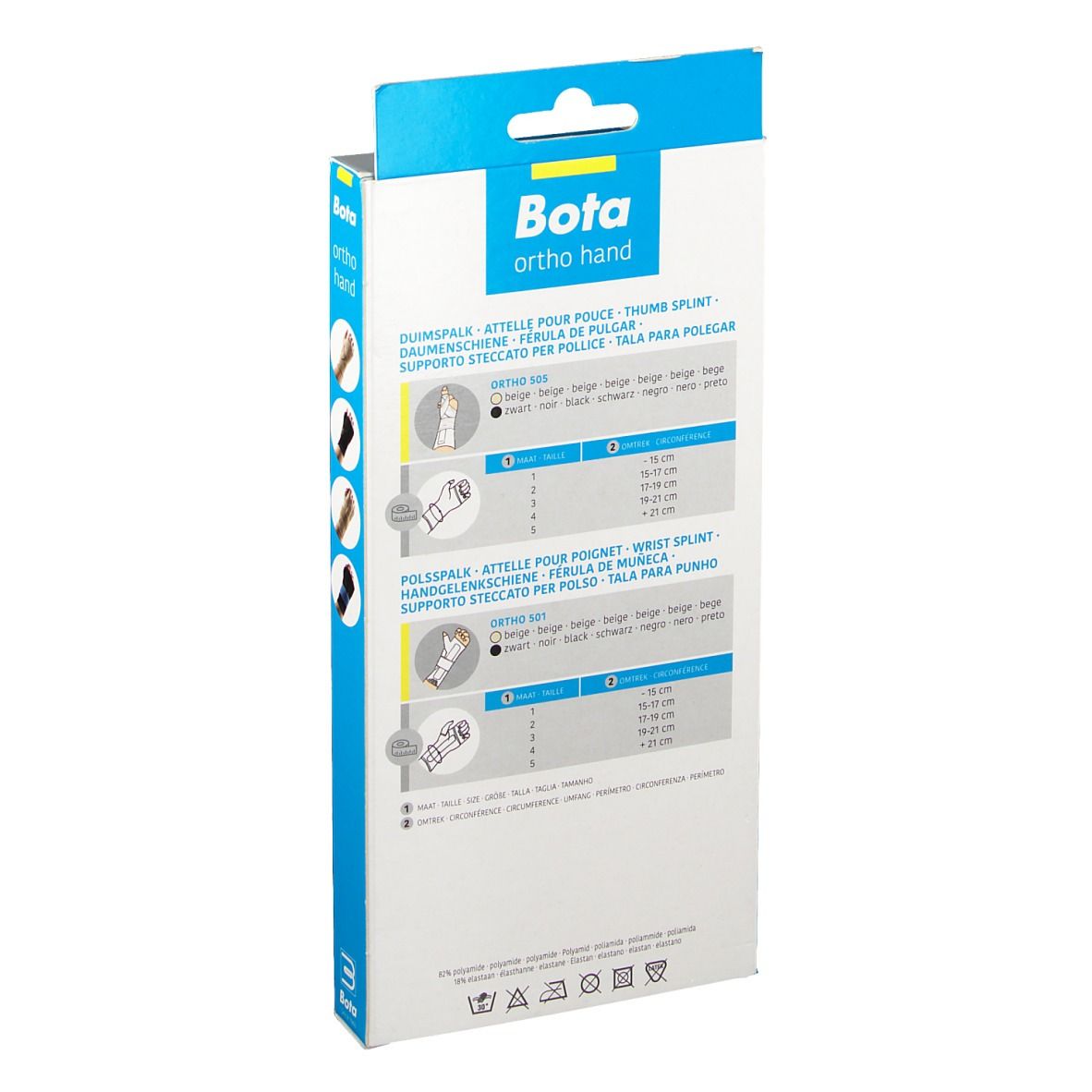 Achterkant van de Bota Ortho handbrace verpakking. Maatinformatie en productdetails.