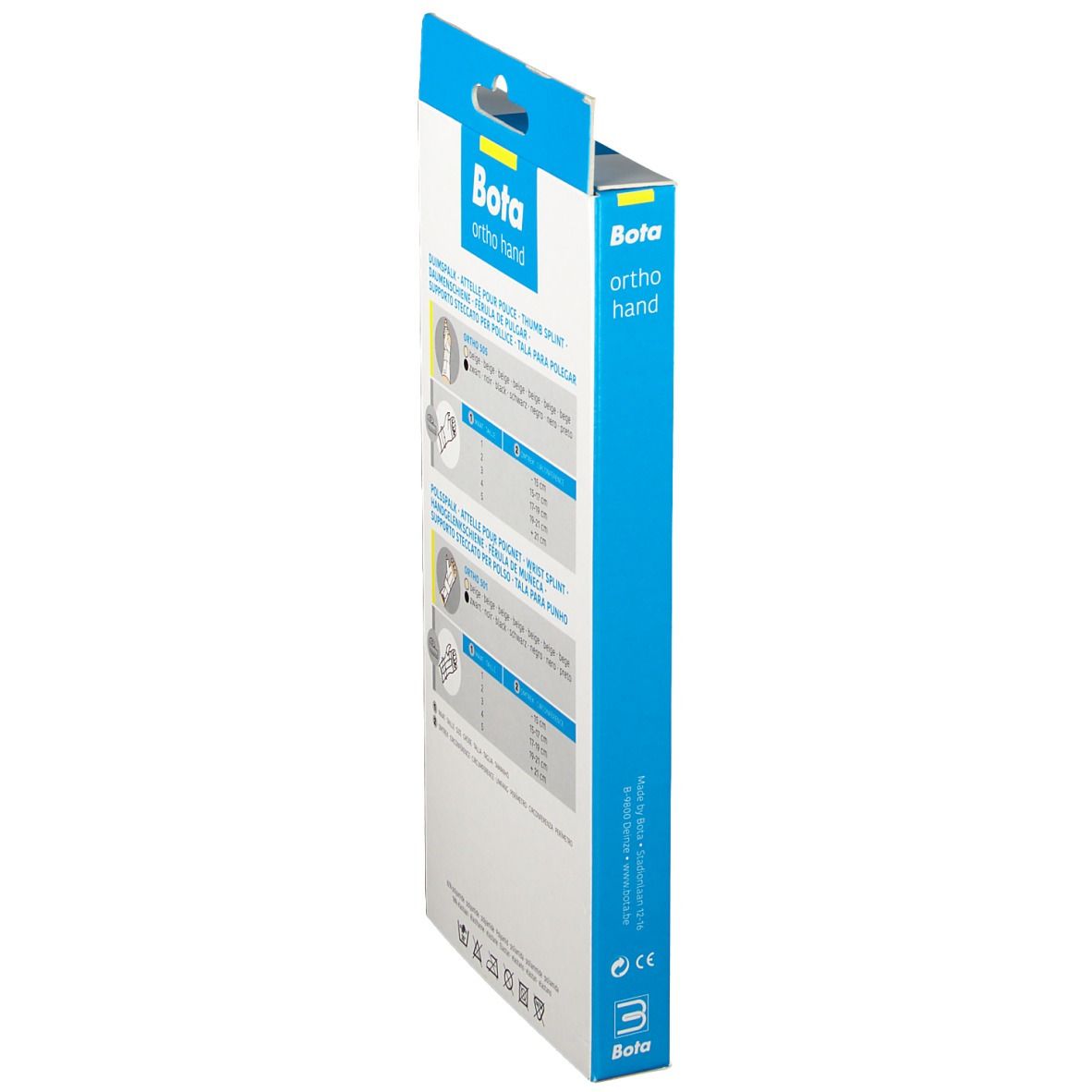 Zijaanzicht van de Bota Ortho handbrace verpakking. Maatinformatie en productdetails.