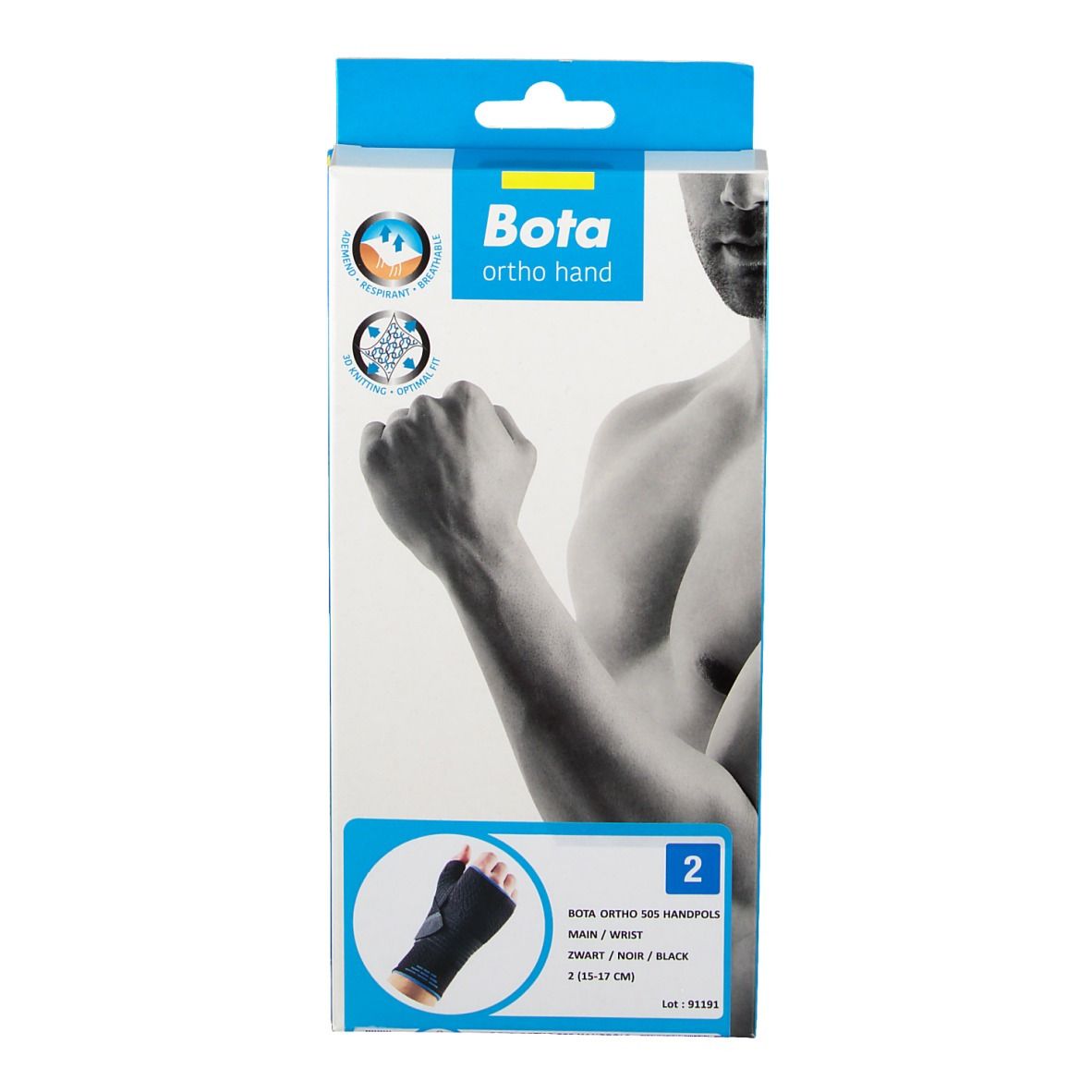 Vooraanzicht van de Bota Ortho handbrace verpakking. Productafbeelding en merklogo.