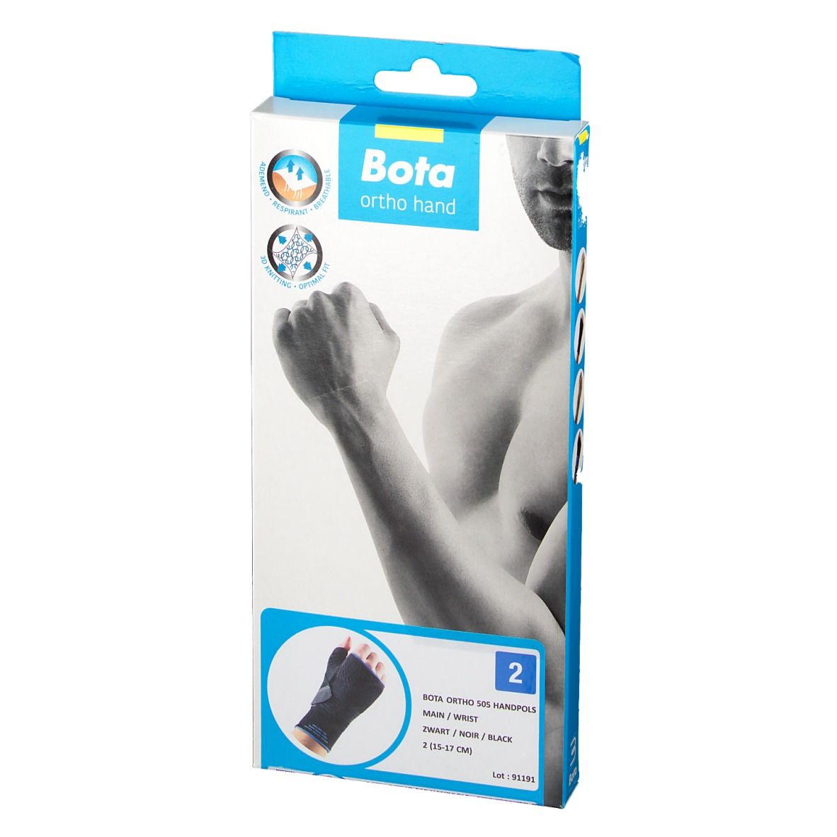 Vooraanzicht van de Bota Ortho handbrace verpakking. Productafbeelding en merklogo.