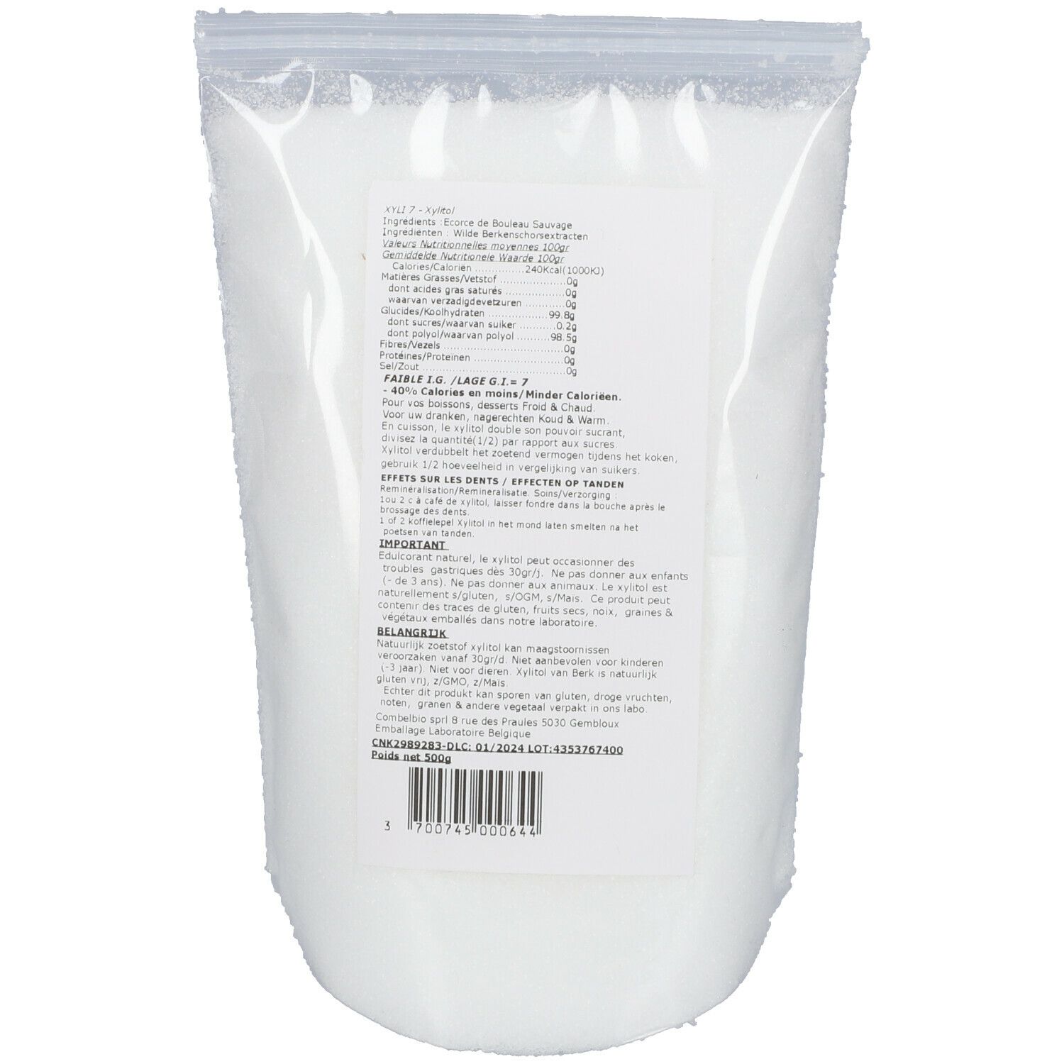 Rückseite der Xyli7-Verpackung. Enthält Nährwertangaben, Inhaltsstoffe, Warnhinweise und Herkunftsdetails. Transparente Verpackung.