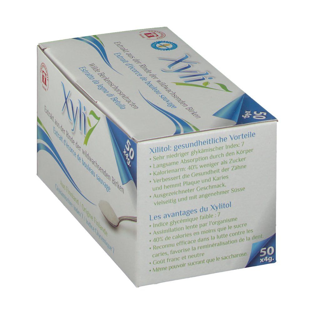 Boîte Xyli7. Texte sur les avantages du Xylitol. Cuillère avec poudre.