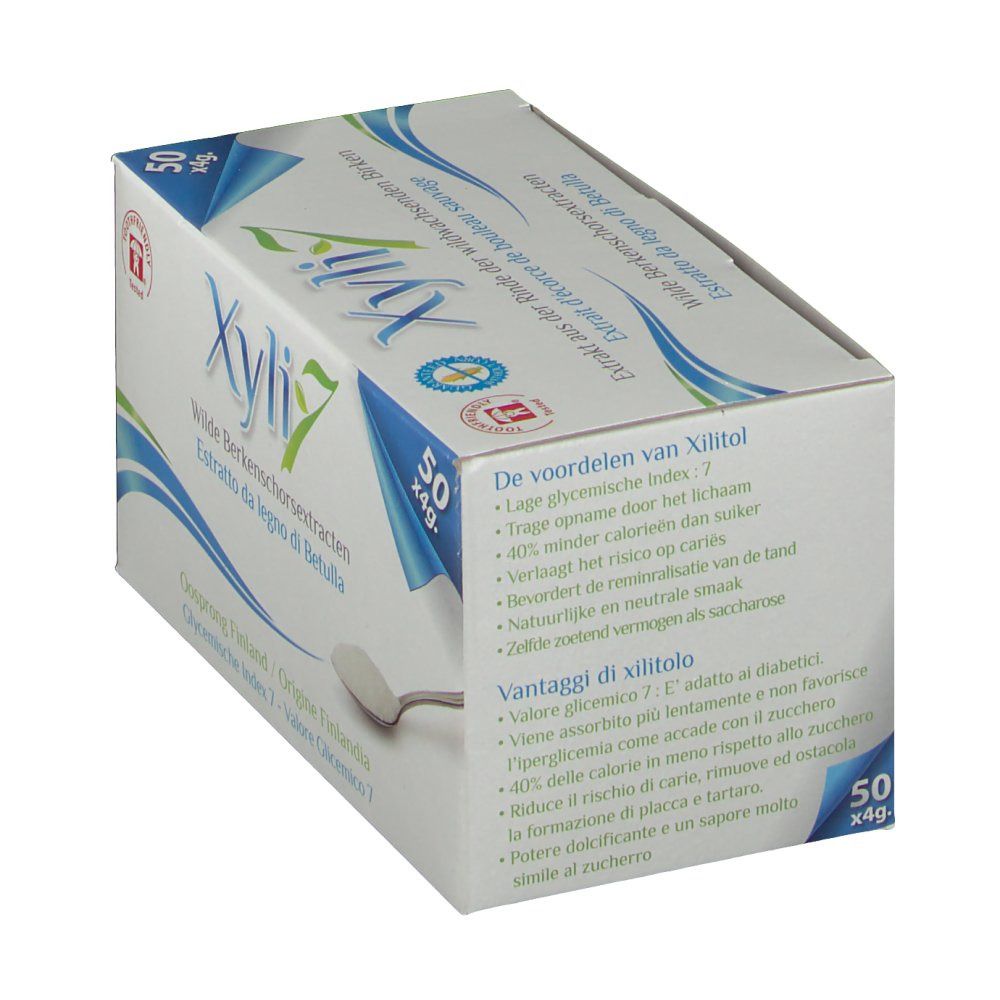 Boîte Xyli7. Texte sur les avantages du Xylitol. Cuillère avec poudre.