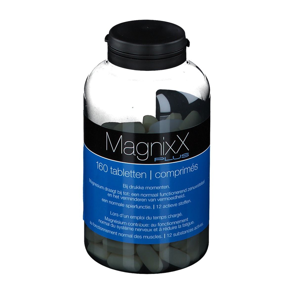 Flacon transparent avec bouchon noir. Étiquette bleue avec "MagnixX PLUS" et 160 comprimés. Comprimés à l'intérieur.