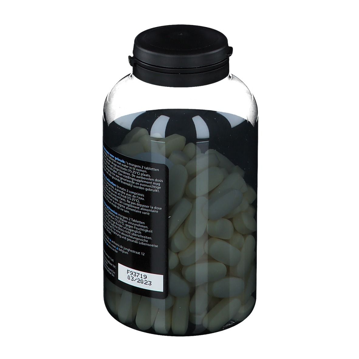 Vue arrière du flacon avec bouchon noir. Comprimés à l'intérieur. Tampon de date sur fond blanc.