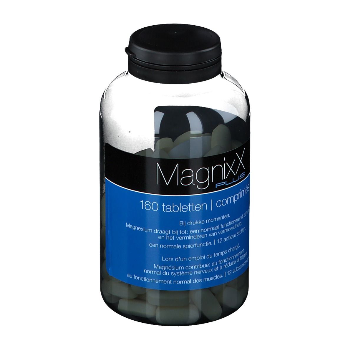 Flacon transparent avec bouchon noir. Étiquette bleue avec "MagnixX PLUS" et 160 comprimés. Comprimés à l'intérieur.
