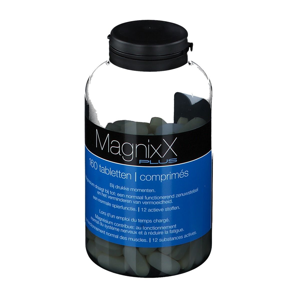 Flacon transparent avec bouchon noir. Étiquette bleue avec "MagnixX PLUS" et 160 comprimés. Comprimés à l'intérieur.