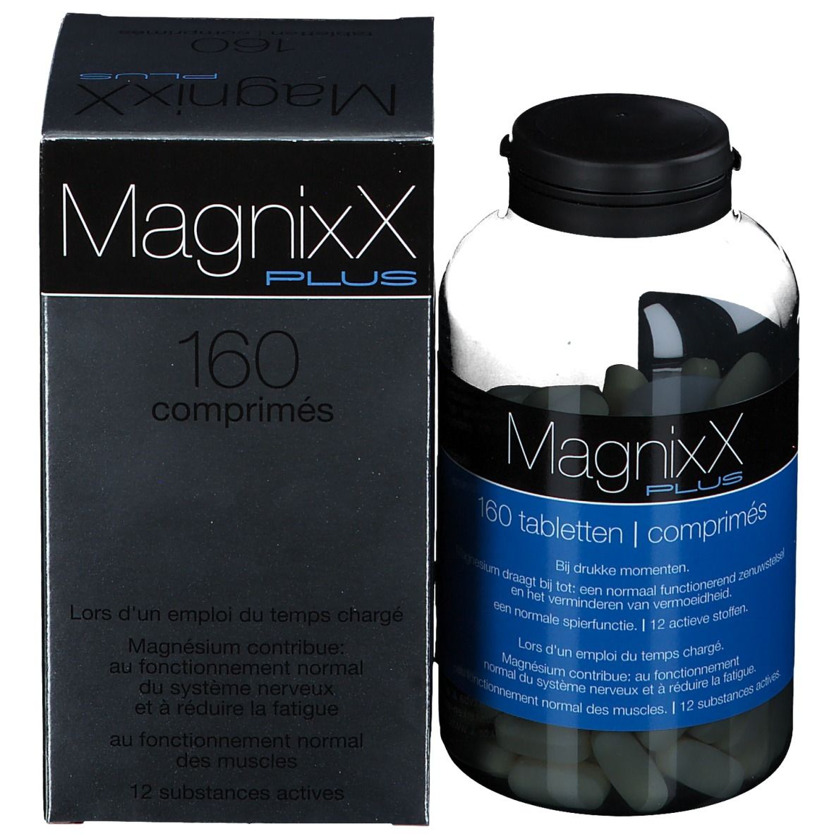 Flacon et boîte. Flacon avec bouchon noir, étiquette bleue, comprimés. Boîte avec "MagnixX PLUS".