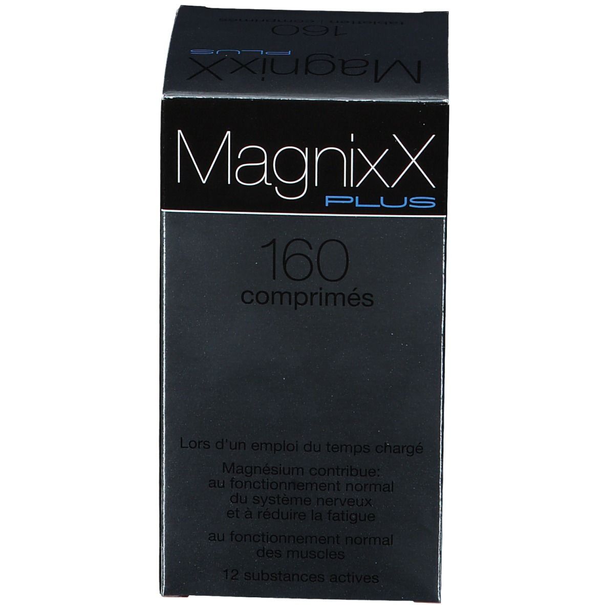 Boîte noire avec "MagnixX PLUS" et 160 comprimés. Texte sur la boîte.