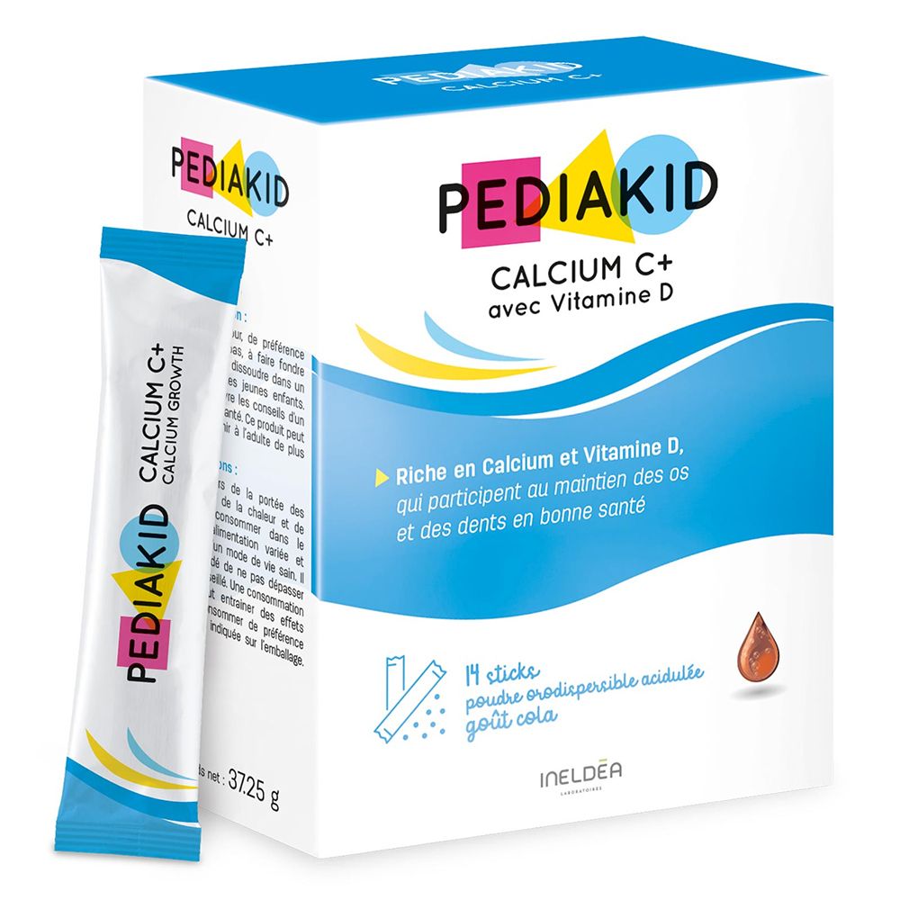 Pediakid Calcium C+ croissance, boîte et stick. Contient calcium et vitamine D. 14 sticks, goût cola.