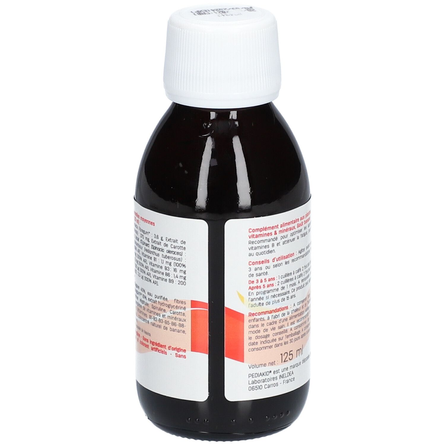 Flacon marron avec bouchon blanc. Inscription: PEDIAKID Fer + Vitamines B. Étiquette avec texte et design rouge.