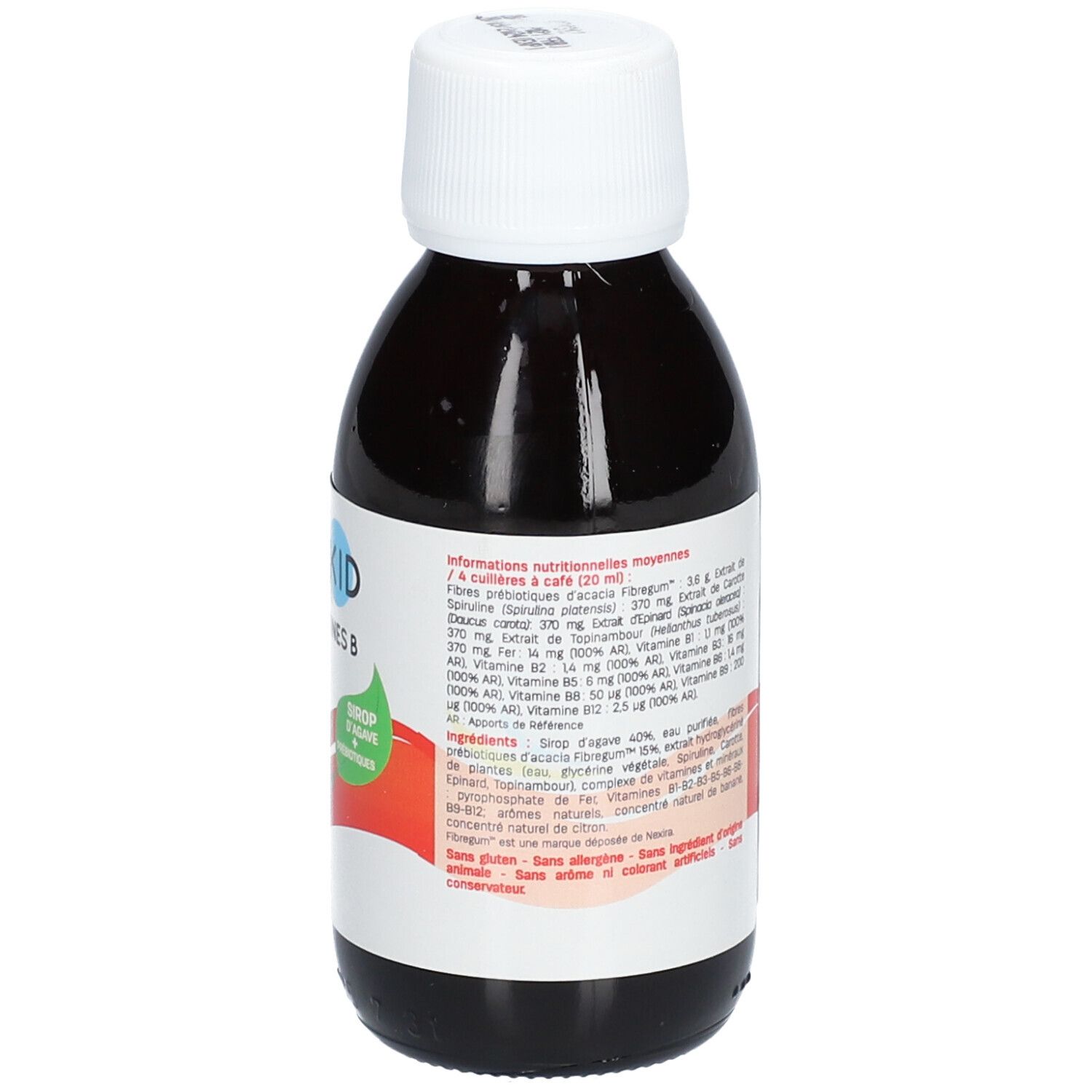 Flacon marron avec bouchon blanc. Inscription: PEDIAKID Fer + Vitamines B. Étiquette avec texte et design rouge.