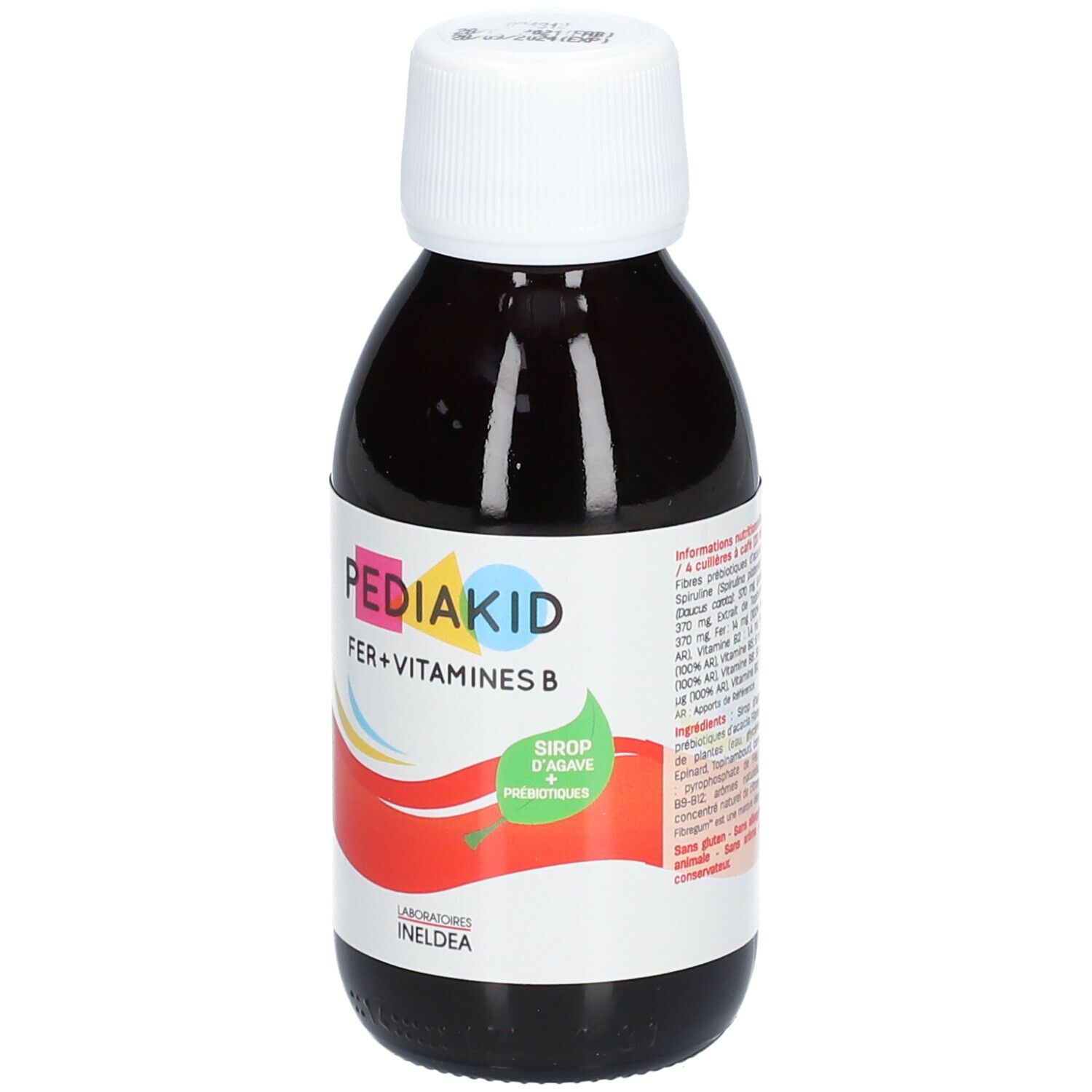 Flacon marron avec bouchon blanc. Inscription: PEDIAKID Fer + Vitamines B. Étiquette avec texte et design rouge.