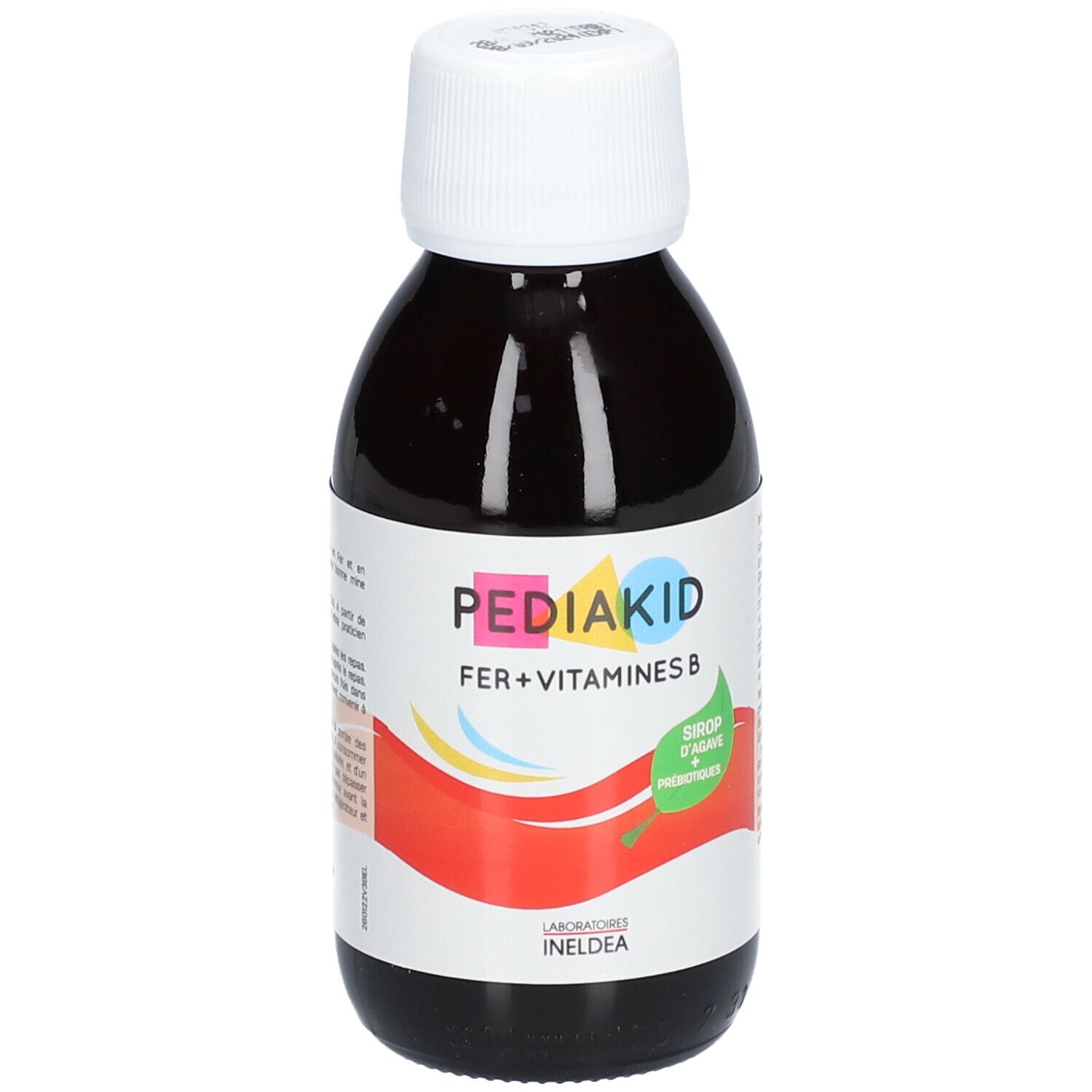 Flacon marron avec bouchon blanc. Inscription: PEDIAKID Fer + Vitamines B. Étiquette avec texte et design rouge.