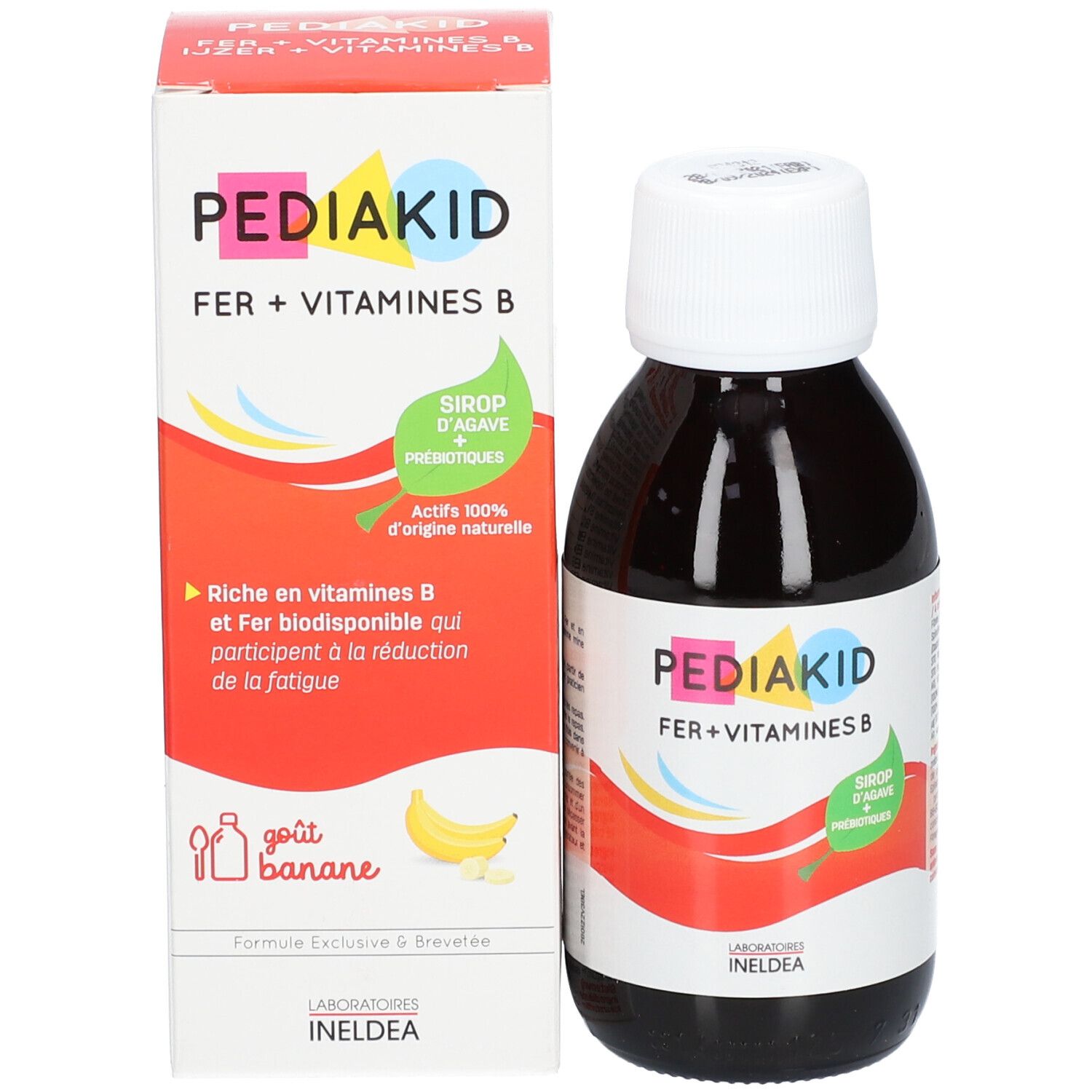 Flacon et boîte. Inscription: PEDIAKID Fer + Vitamines B. Boîte avec design rouge et banane.