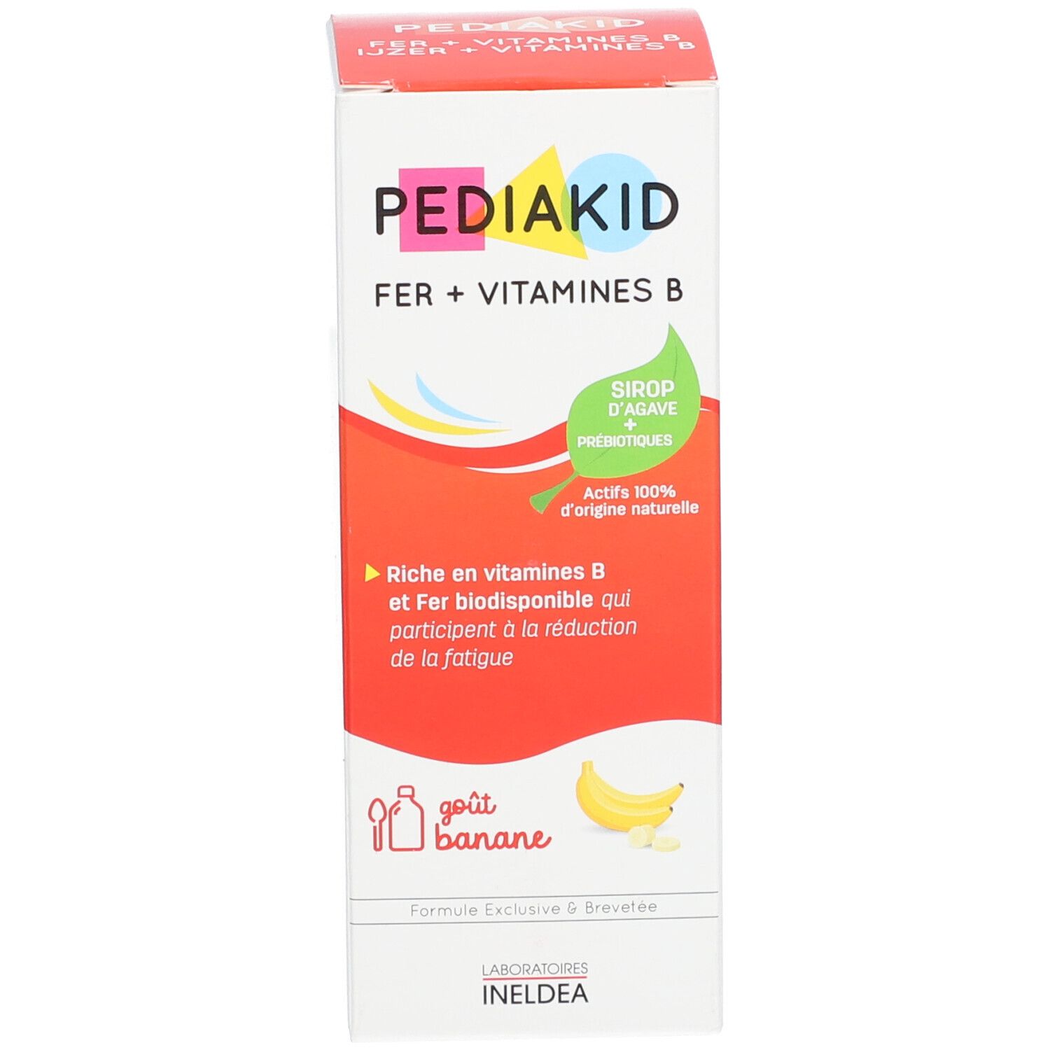 Boîte. Inscription: PEDIAKID Fer + Vitamines B. Design rouge avec banane et texte.