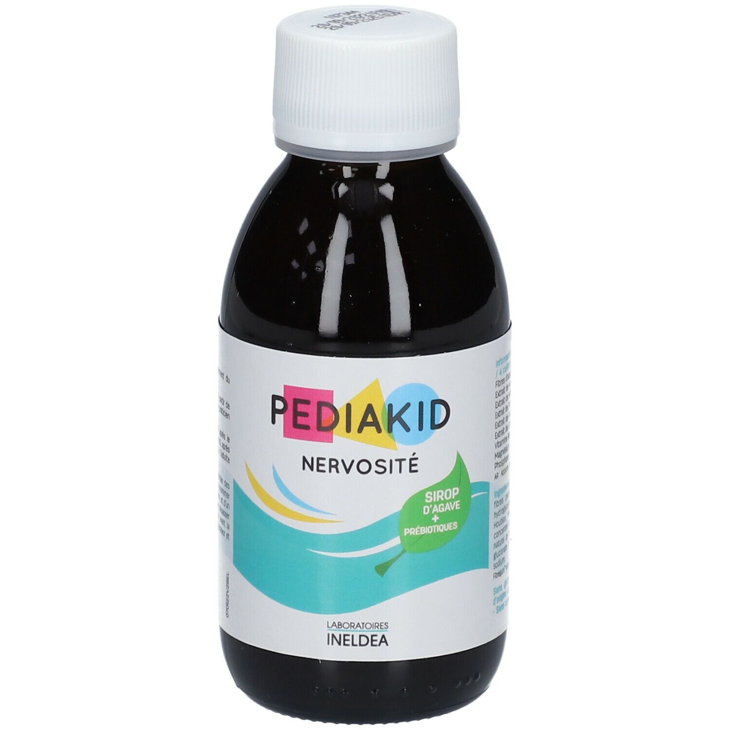 Bouteille de liquide brun avec bouchon blanc. Étiquette Pediakid Nervosité.