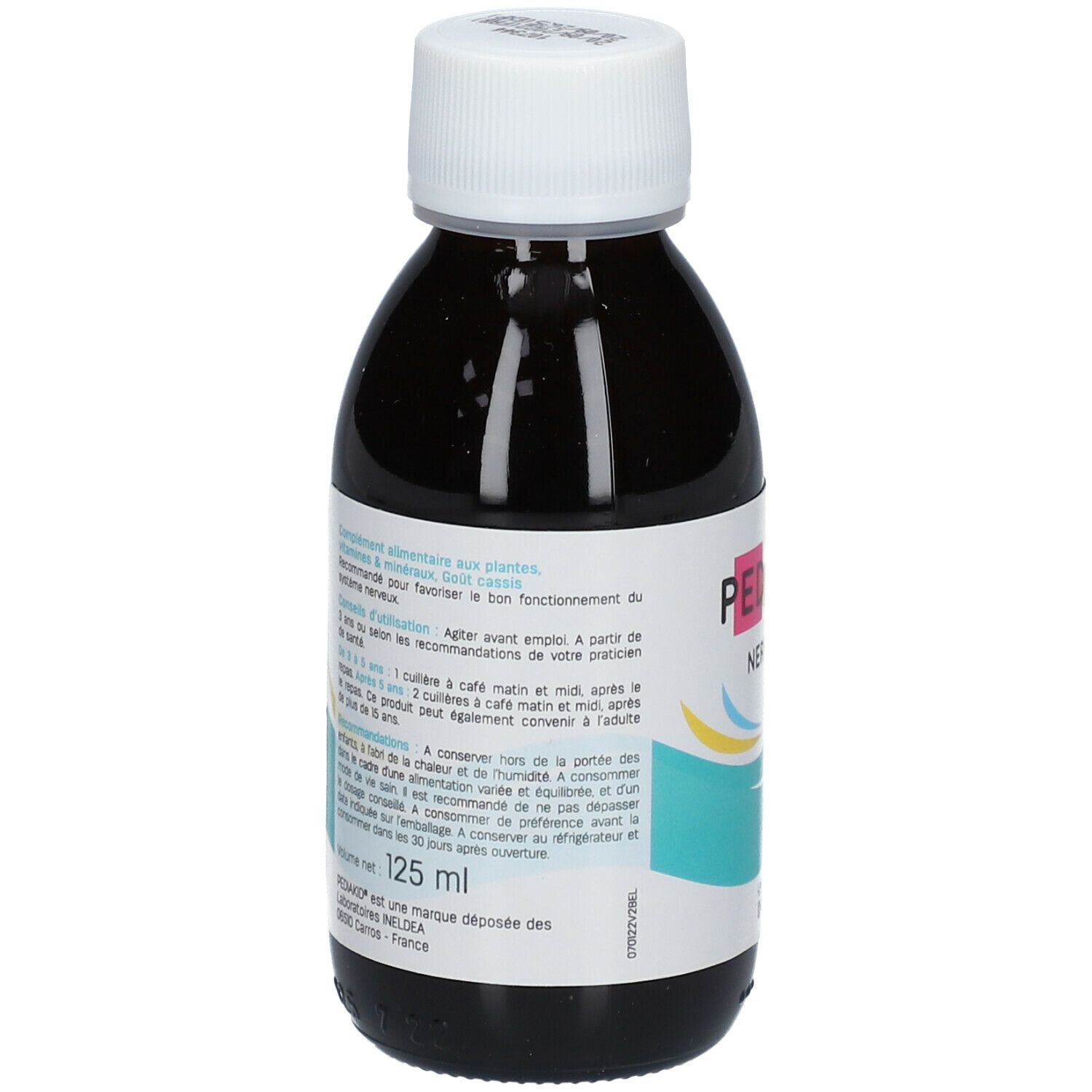 Bouteille de liquide brun avec bouchon blanc. Étiquette avec texte et informations.