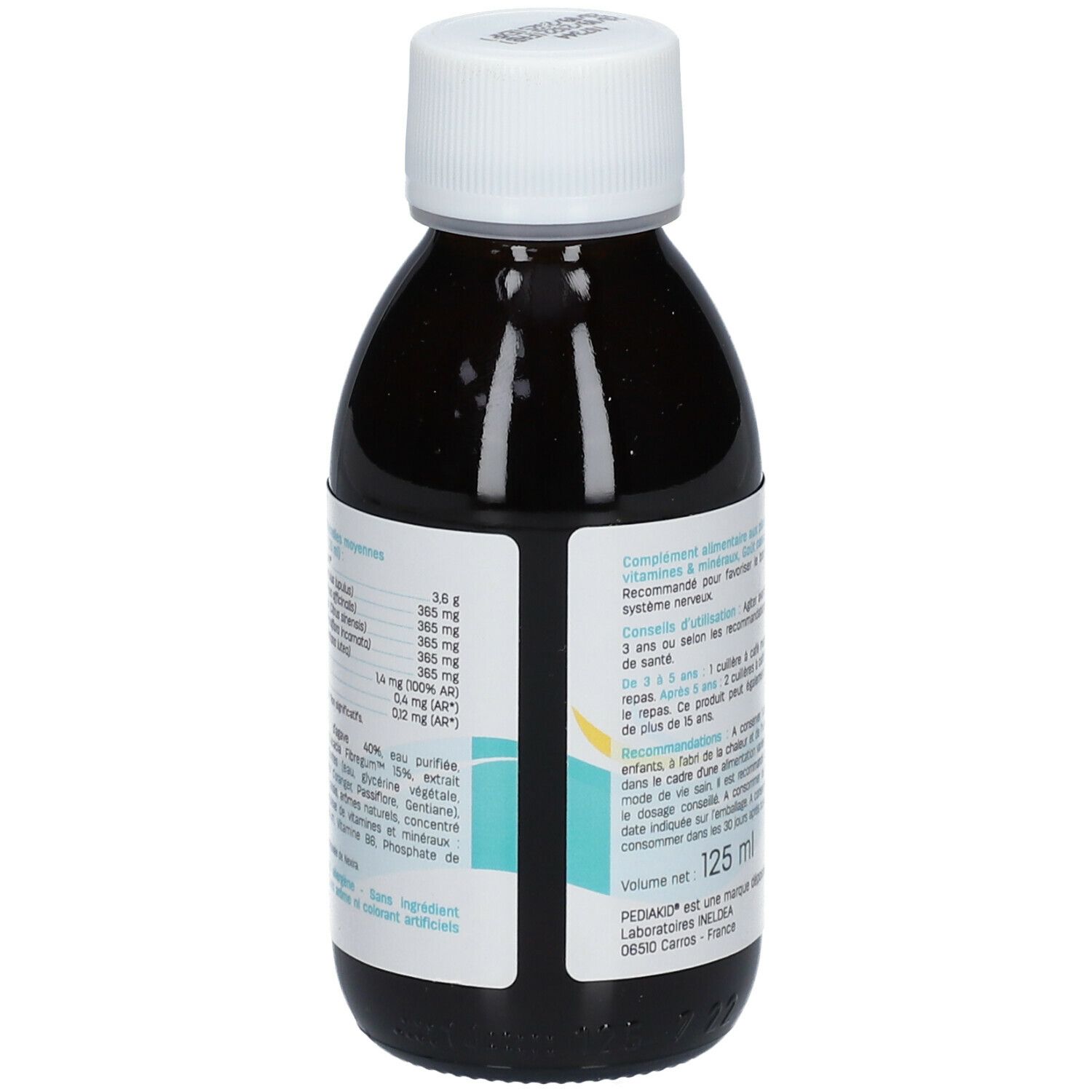 Bouteille de liquide brun avec bouchon blanc. Étiquette avec ingrédients et valeurs nutritionnelles.