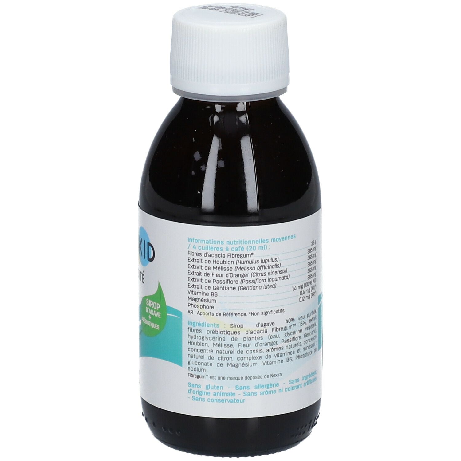 Bouteille de liquide brun avec bouchon blanc. Étiquette avec valeurs nutritionnelles et ingrédients.