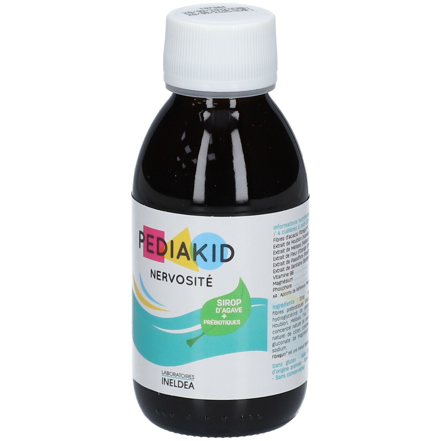 Bouteille de liquide brun avec bouchon blanc. Étiquette Pediakid Nervosité et ingrédients.