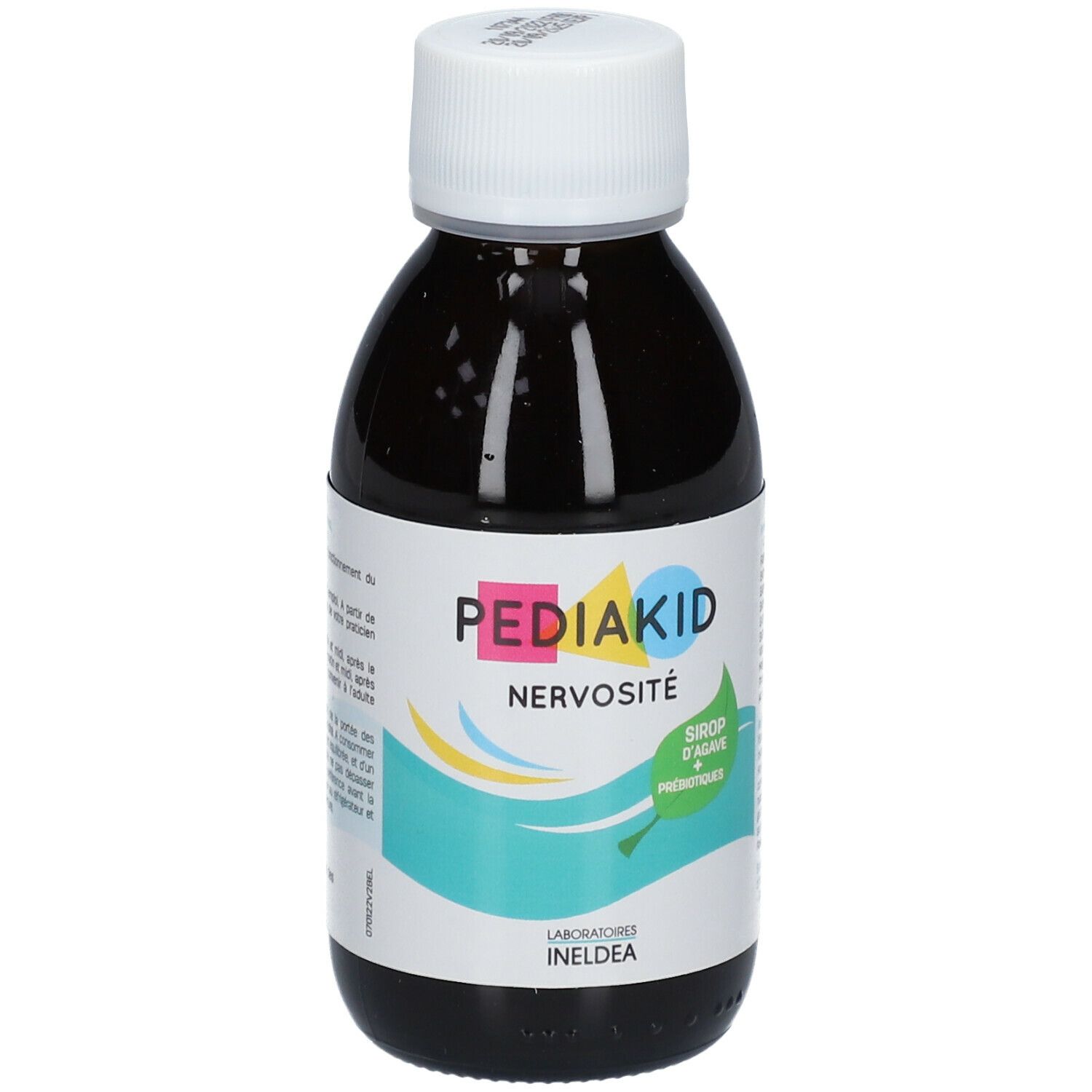Bouteille de liquide brun avec bouchon blanc. Étiquette Pediakid Nervosité.