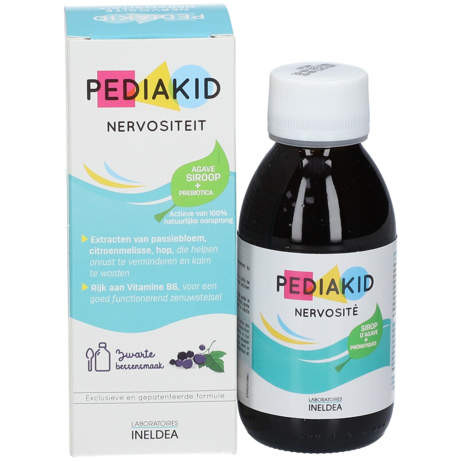 Bouteille et boîte. Sur la bouteille, Pediakid Nervosité. Sur la boîte, Pediakid Nervositeit.