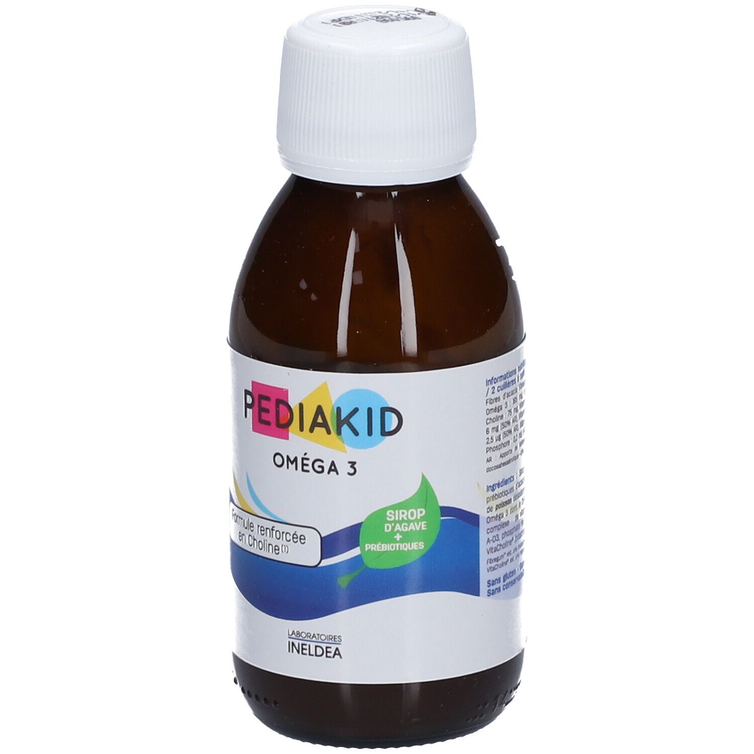 Bruine fles met witte dop. Opschrift PEDIAKID Oméga 3. Blauwe en groene etiketten.