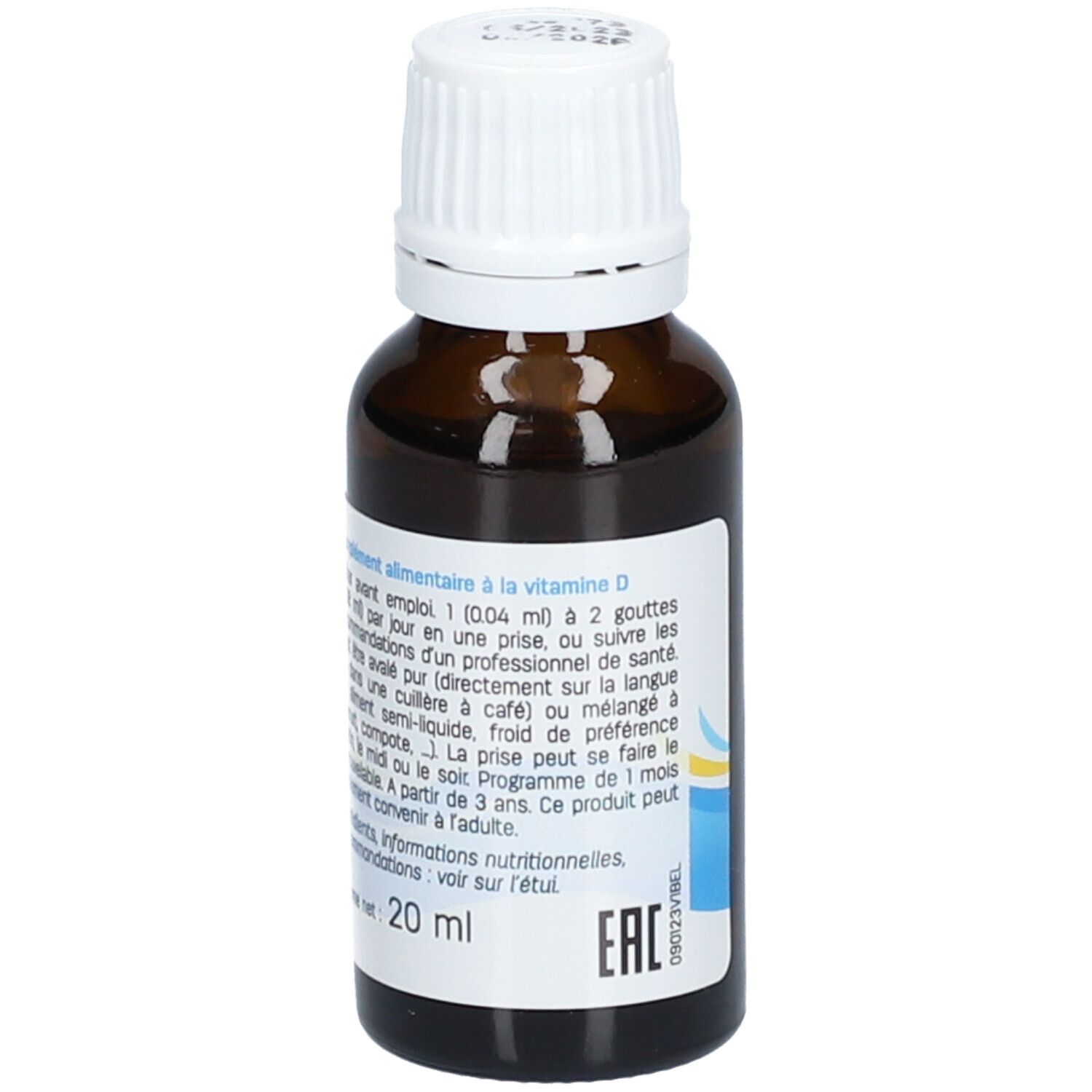 Flacon en verre brun avec bouchon blanc. Étiquette avec informations produit et volume : 20 ml.