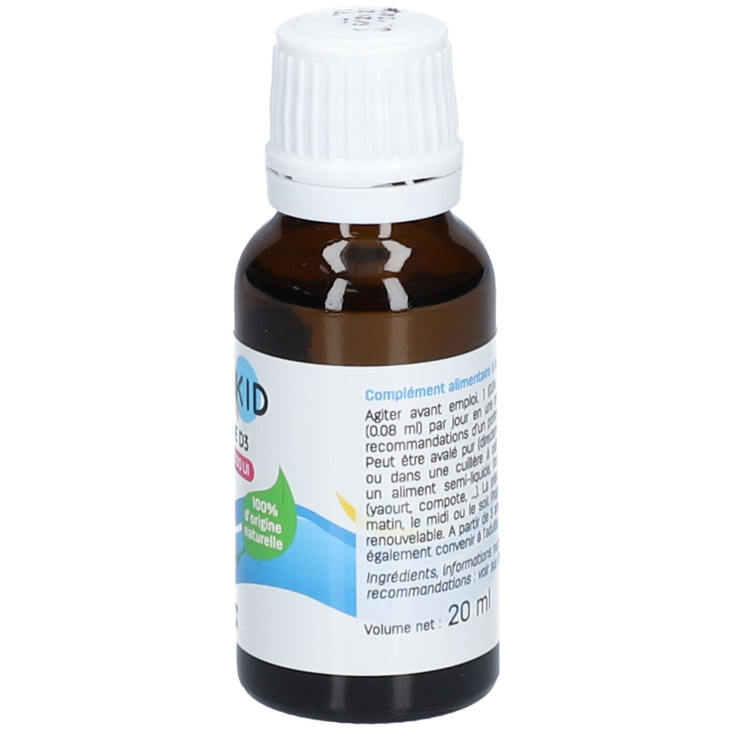 Flacon en verre brun avec bouchon blanc. Étiquette avec informations produit et volume : 20 ml.