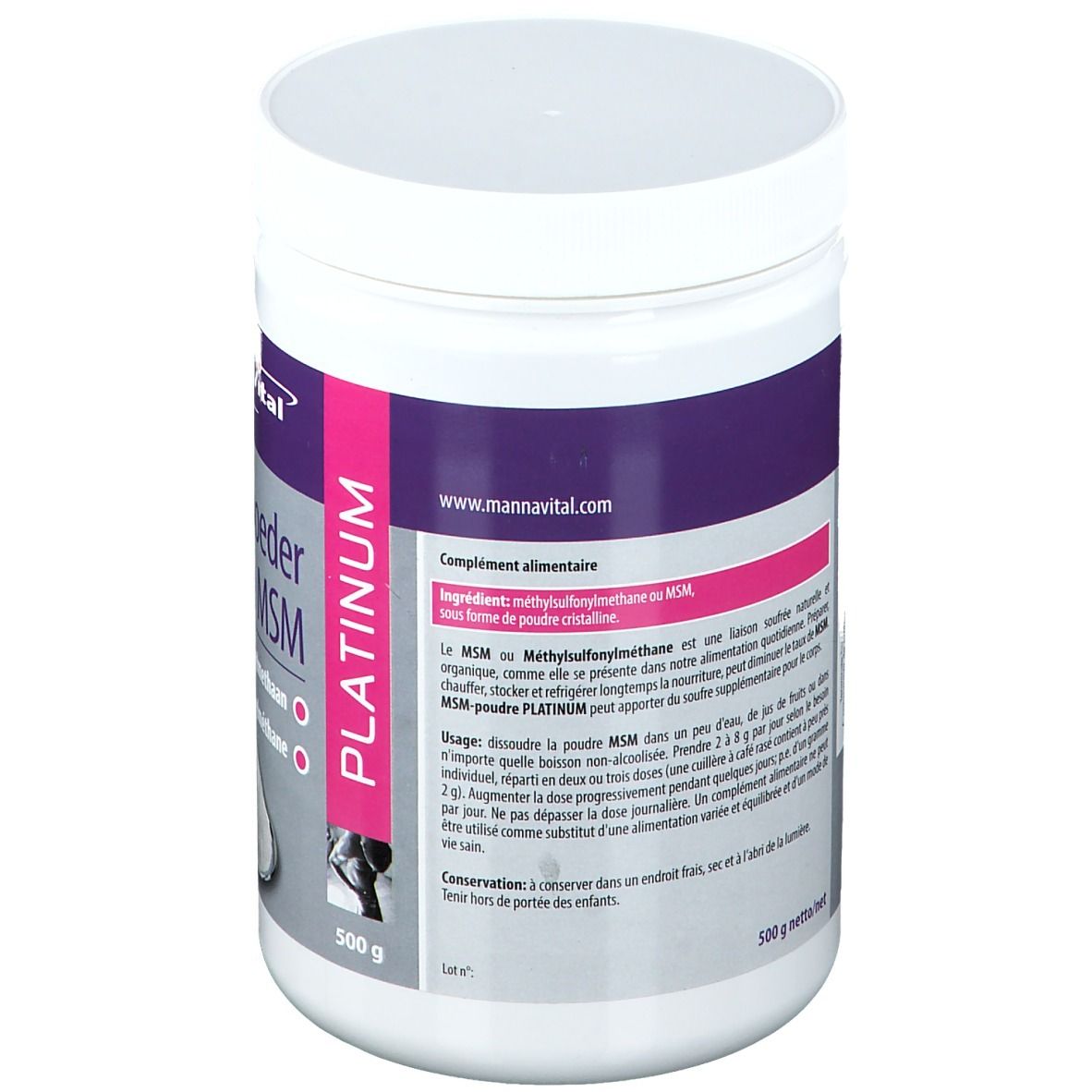 Poudre blanche en pot. Inscription: MannaVital MSM-poeder Platinum. Texte sur ingrédients et utilisation.