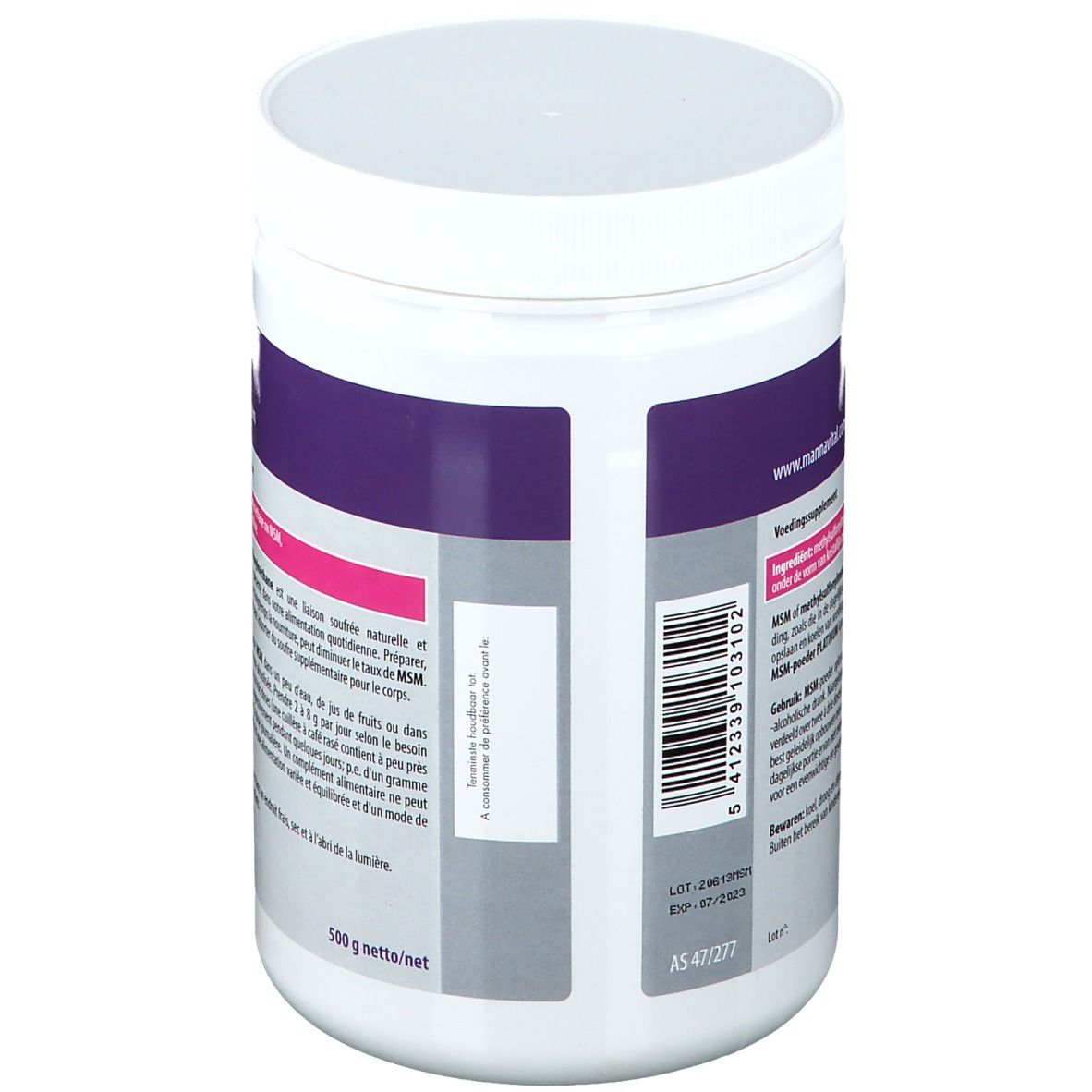Poudre blanche en pot. Inscription: MannaVital MSM-poeder Platinum. Code-barres et texte sur ingrédients.