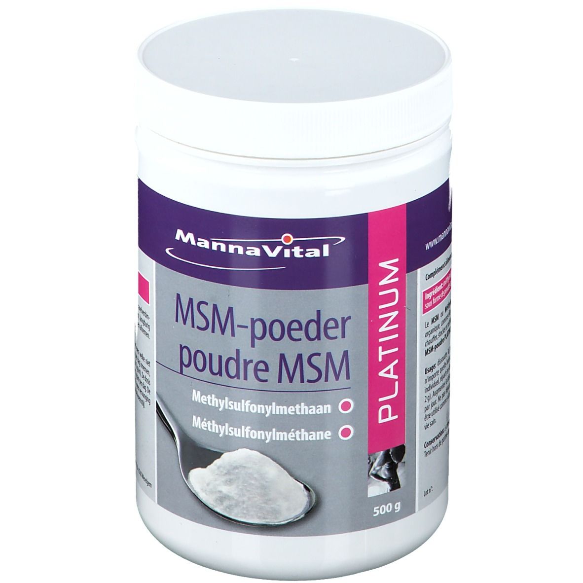 Poudre blanche en pot. Inscription: MannaVital MSM-poeder Platinum. Cuillère avec poudre.