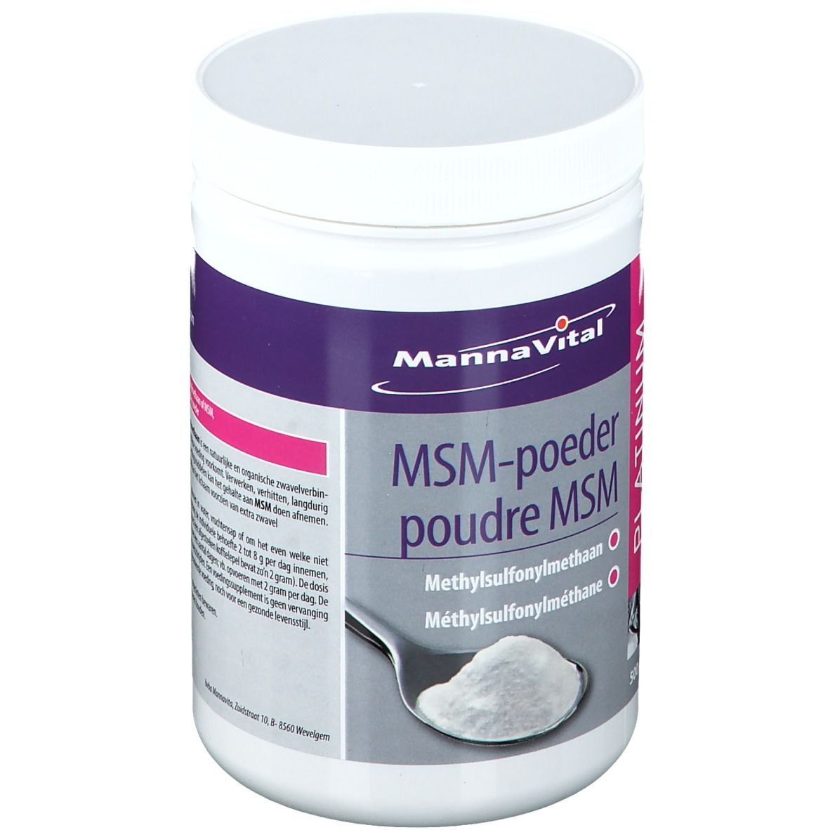 Poudre blanche en pot. Inscription: MannaVital MSM-poeder Platinum. Cuillère avec poudre.