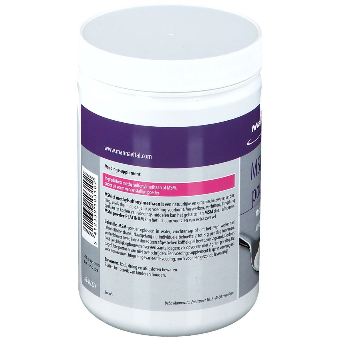 Poudre blanche en pot. Inscription: MannaVital MSM-poeder Platinum. Texte sur ingrédients et utilisation.