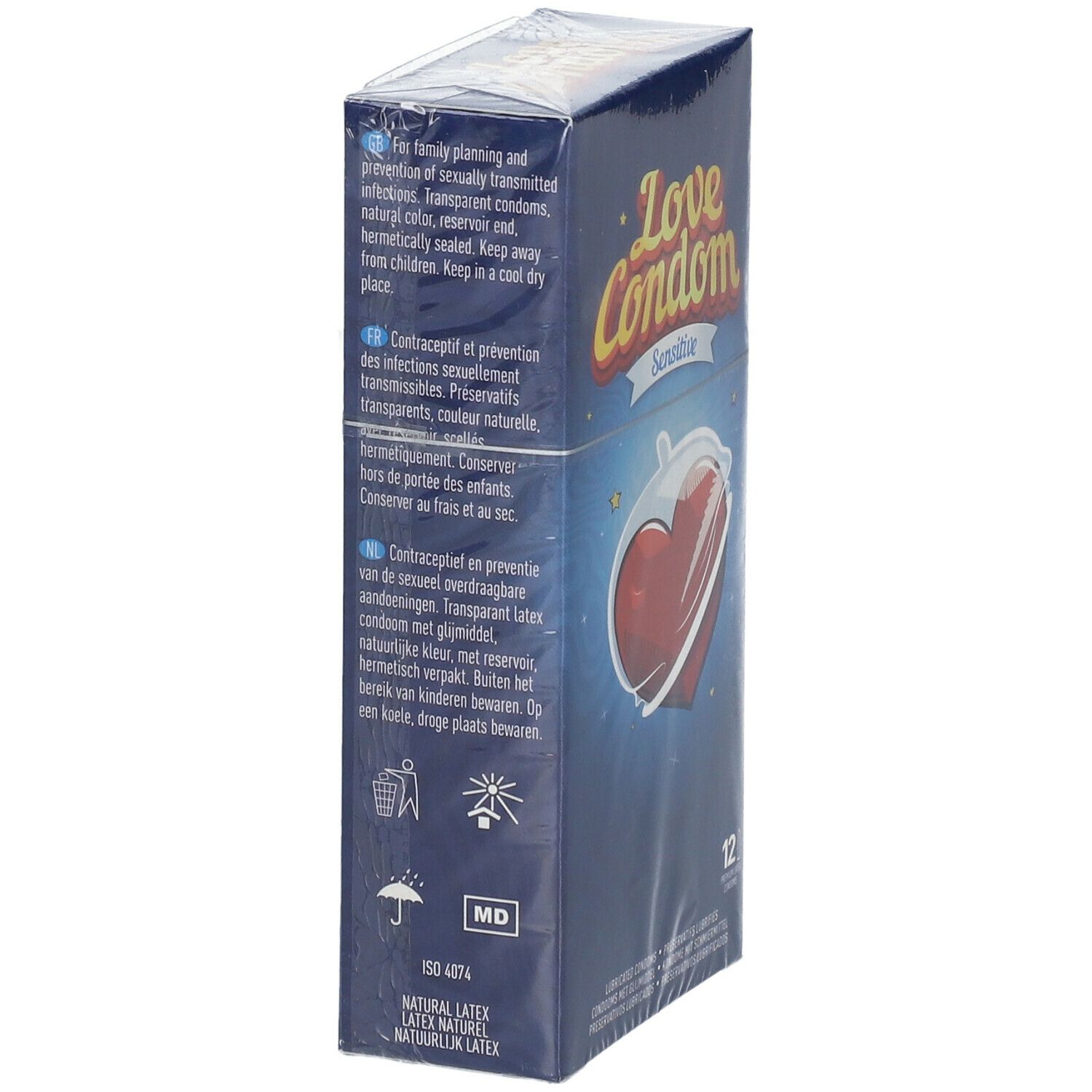 Boîte Love Condom Sensitive. Texte: Prévention des infections sexuellement transmissibles. 12 préservatifs.