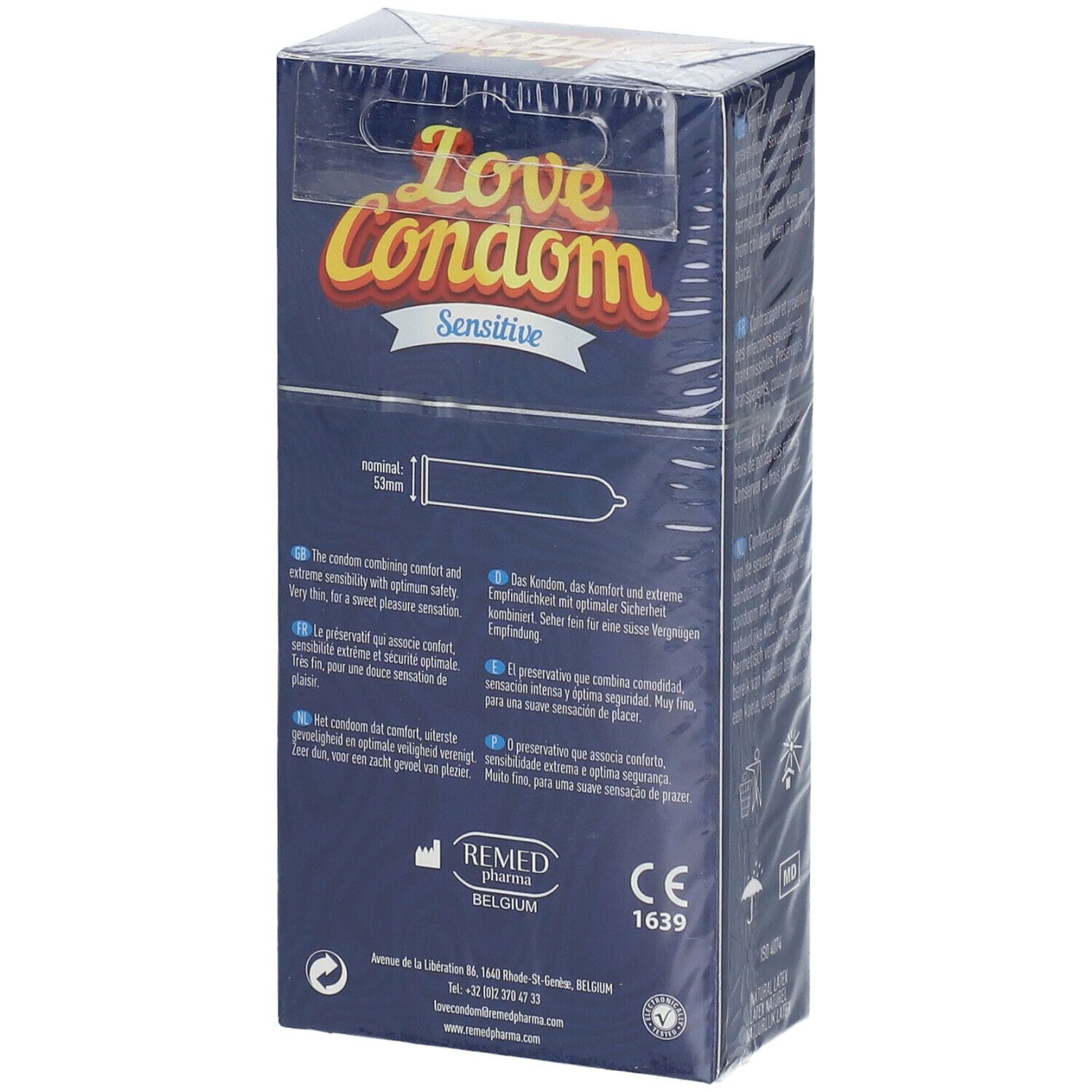 Dos de la boîte Love Condom Sensitive. Texte: 53mm. Marquage CE. REMED Pharma.