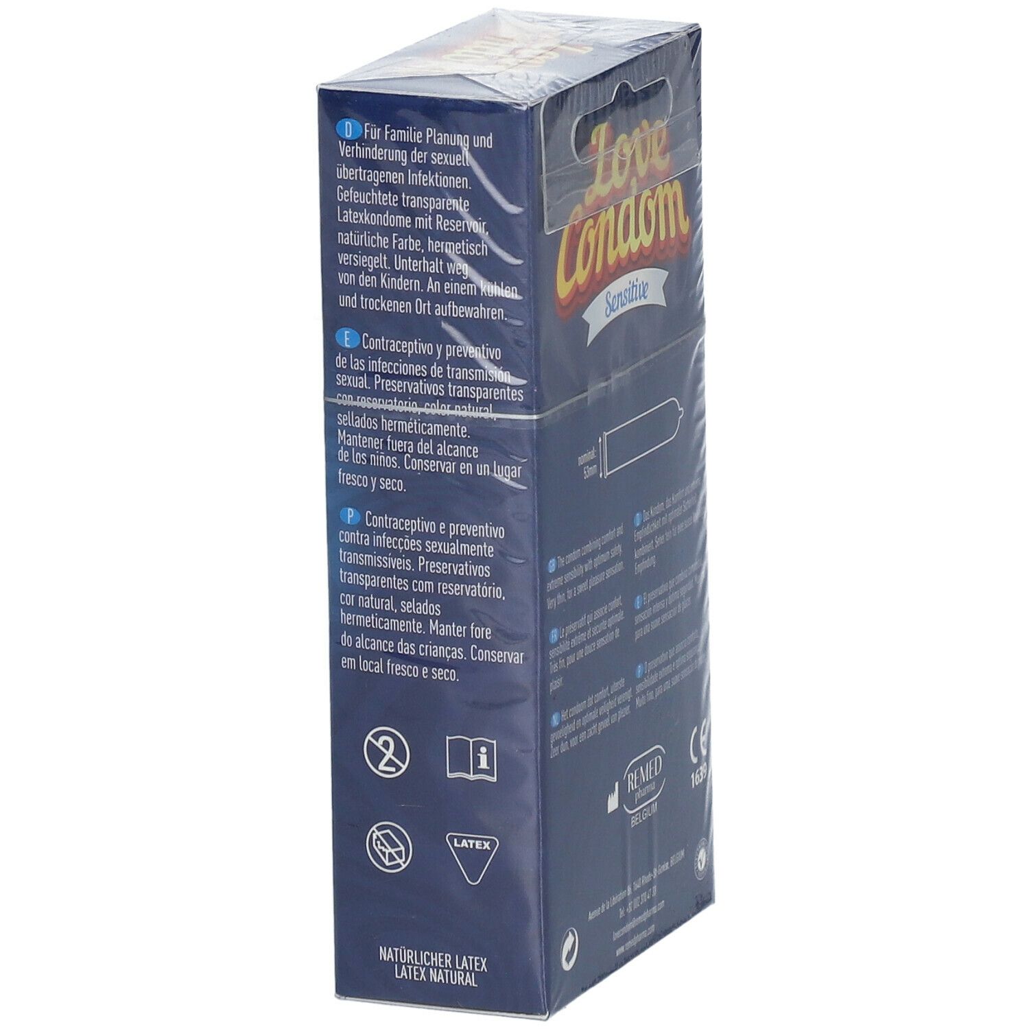 Boîte Love Condom Sensitive. Texte: Prévention des infections sexuellement transmissibles. Latex.