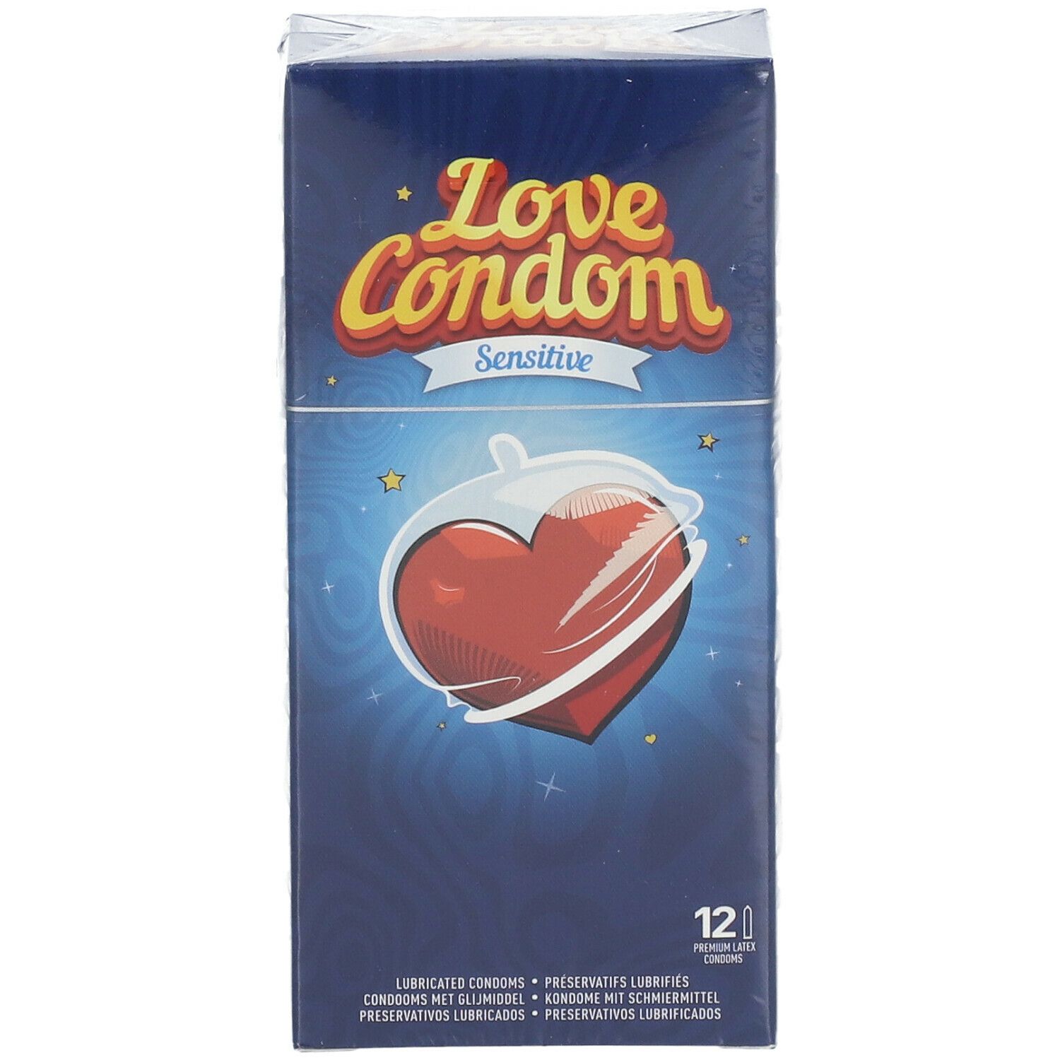 Boîte Love Condom Sensitive. Illustration d'un cœur. 12 préservatifs. Inscription: Préservatifs lubrifiés.