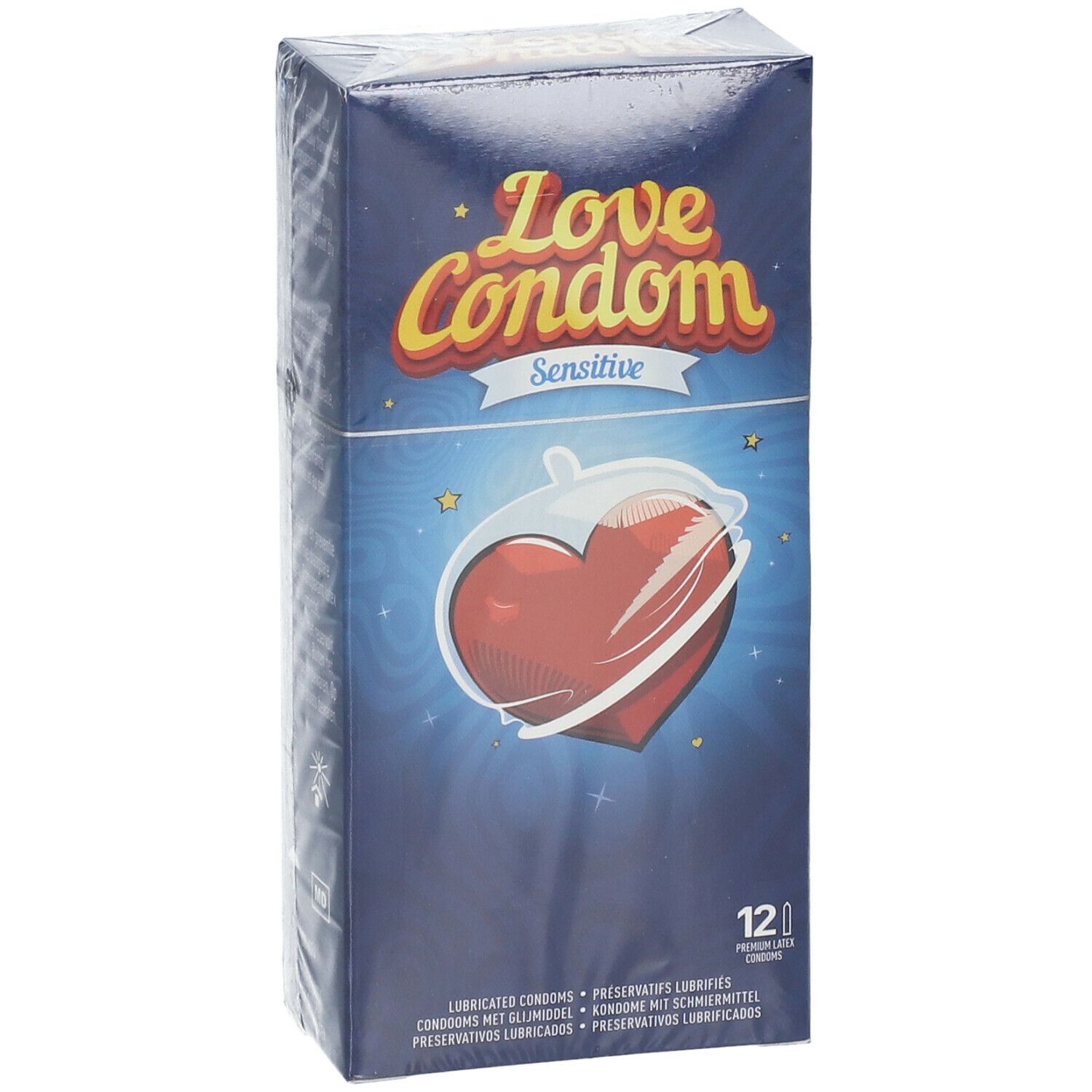 Boîte Love Condom Sensitive. Illustration d'un cœur. 12 préservatifs. Inscription: Préservatifs lubrifiés.