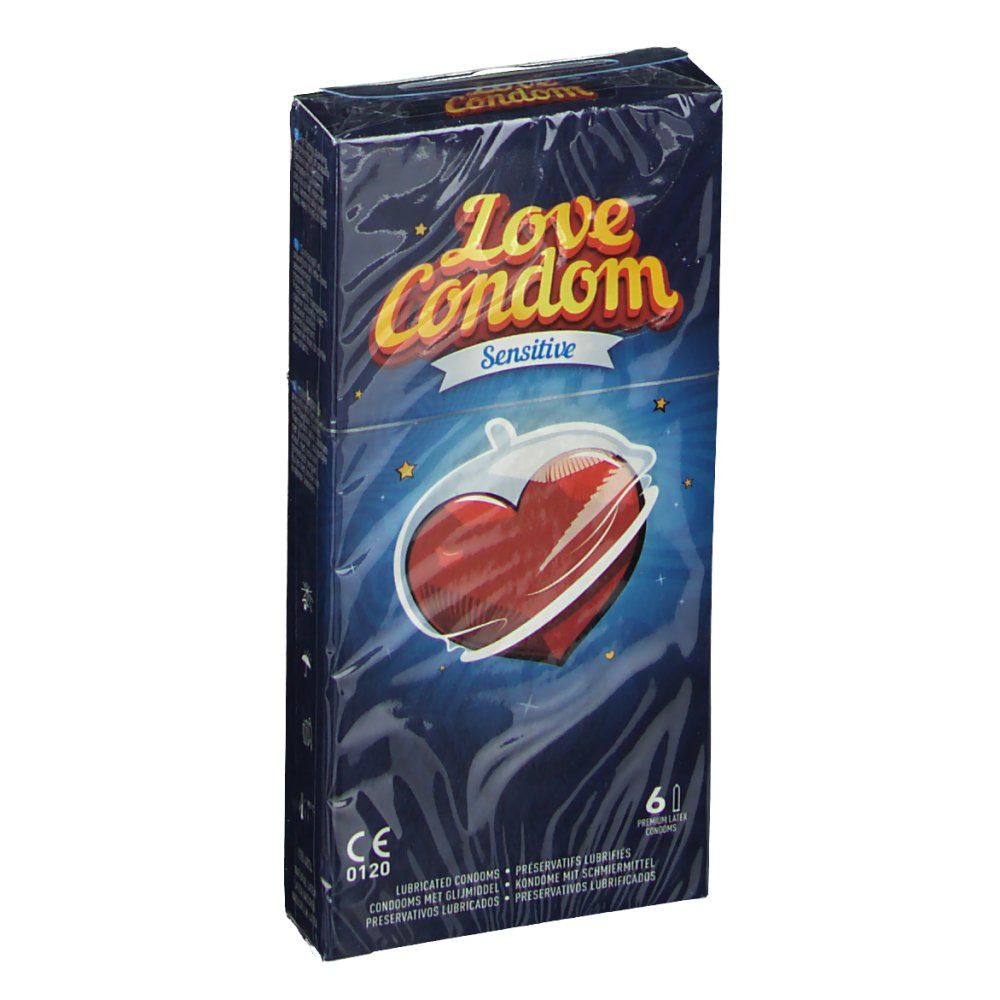 Paquet de préservatifs Love Condom Sensitive. Illustration d'un cœur. 6 unités.