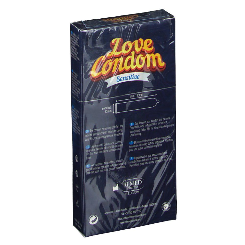 Dos du paquet Love Condom Sensitive. Informations textuelles et illustrations. Image du produit.