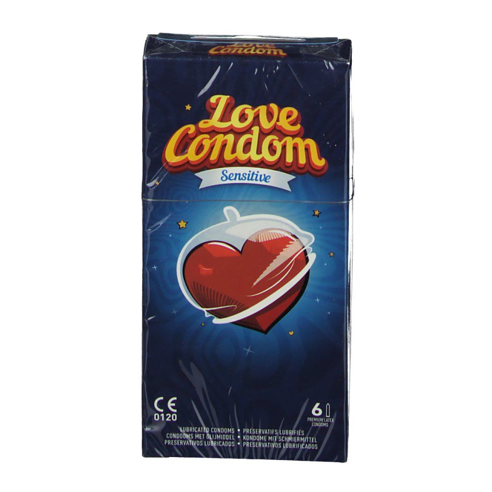 Paquet de préservatifs Love Condom Sensitive. Illustration d'un cœur. 6 unités.