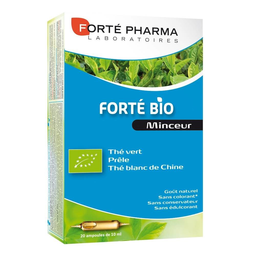 Boîte de Forté Pharma Forte Bio Minceur. Contient 20 ampoules. Design vert et blanc avec nom du produit et label bio.
