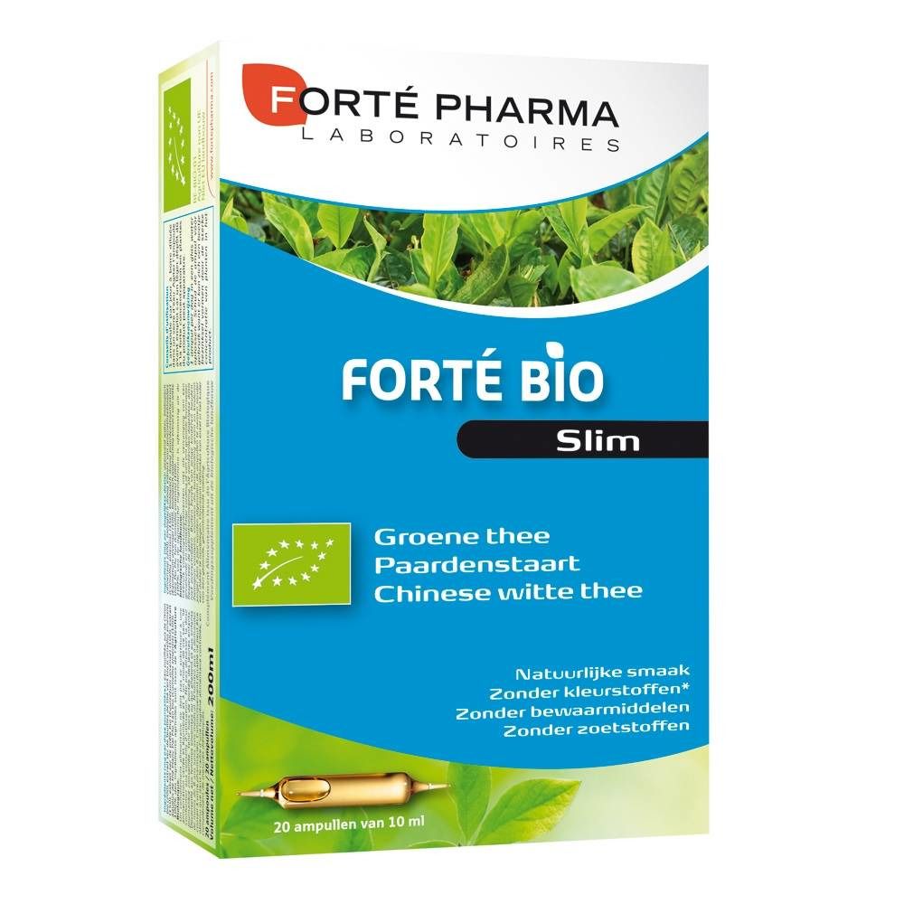 Boîte de Forté Pharma Forte Bio Slim. Contient 20 ampoules. Design vert et blanc avec nom du produit et label bio.